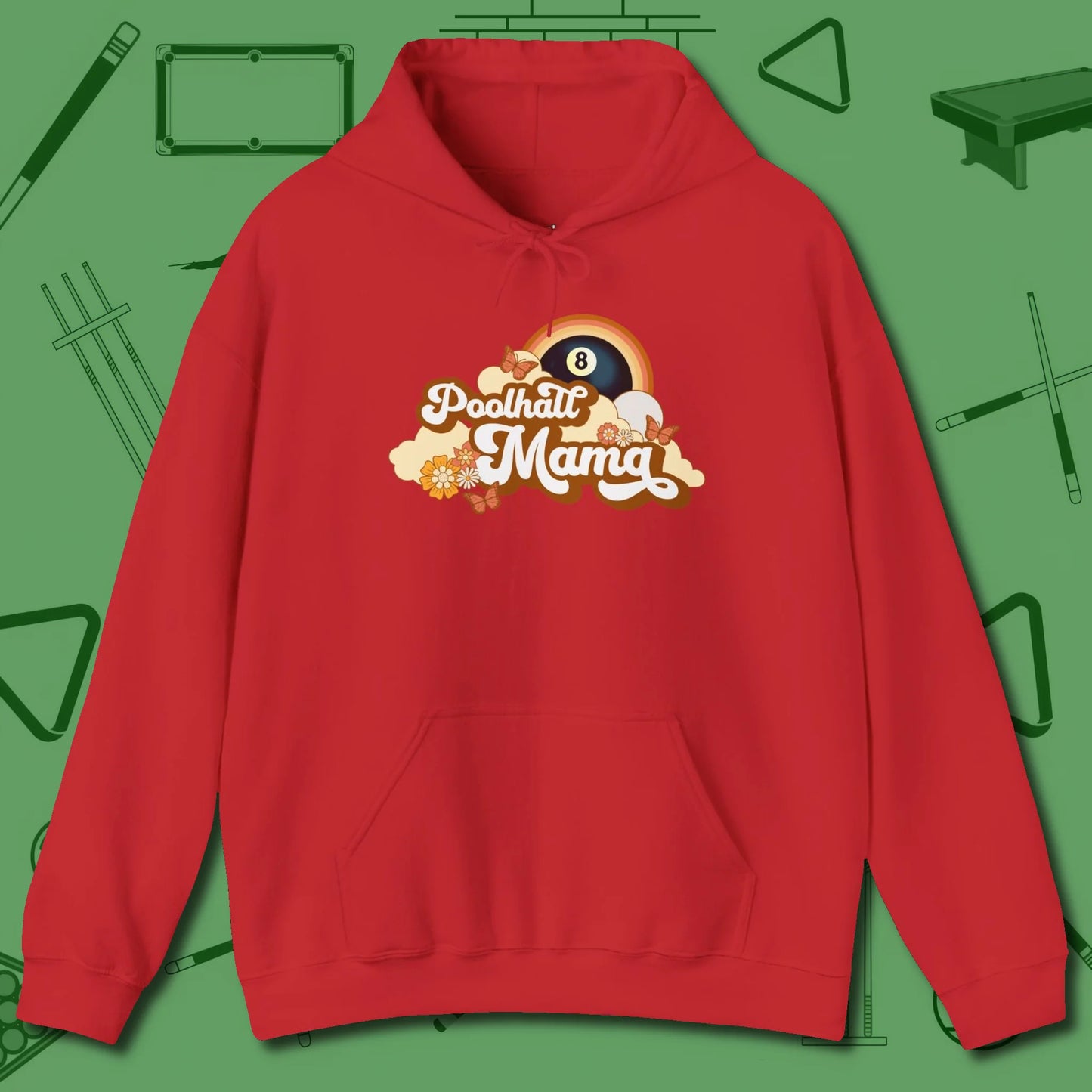 Poolhall Mama Hoodie, front view, in Red not your average 8-ball graphic tee