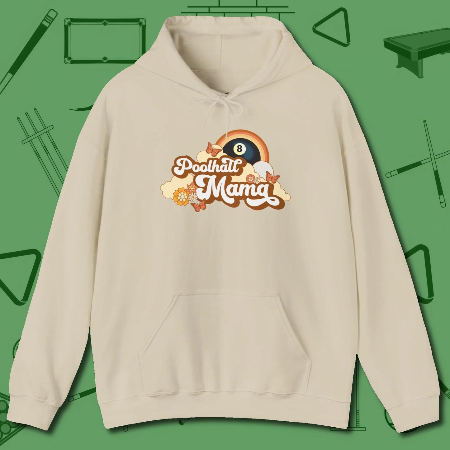 Poolhall Mama Hoodie, front view, in Sand strike fear with swagger and precision