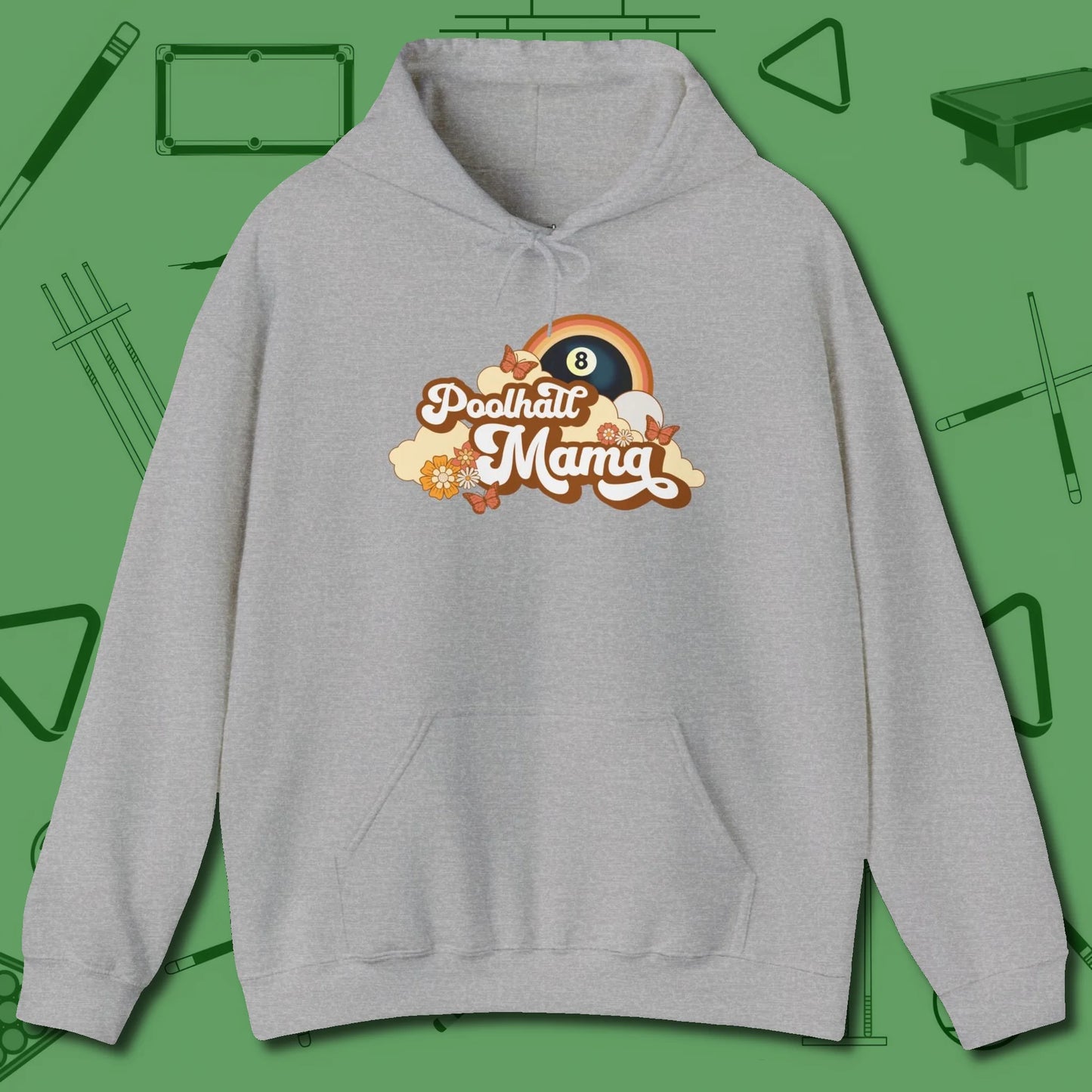Poolhall Mama Hoodie, front view, in Sport Grey an extension of your pool persona