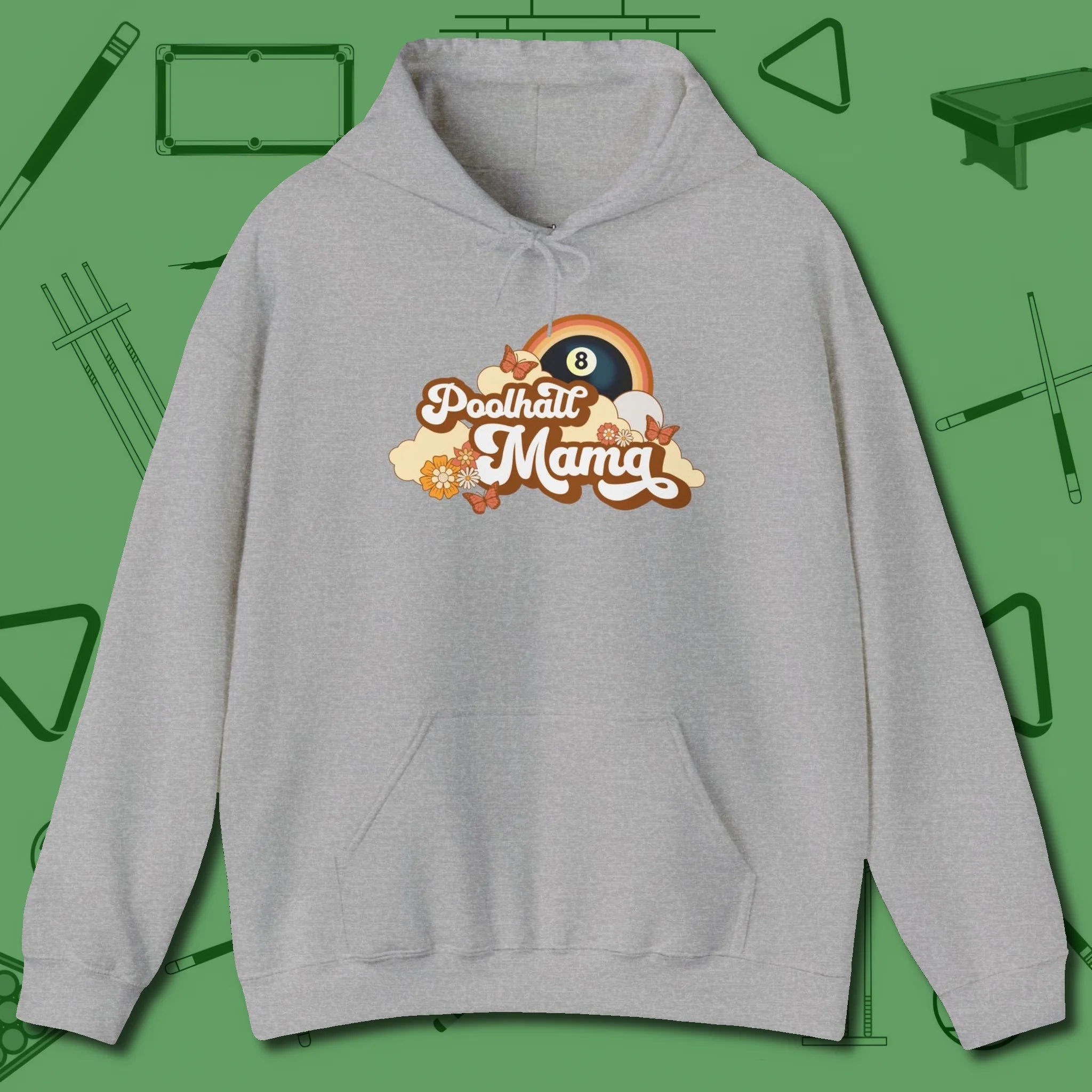 Poolhall Mama Hoodie, front view, in Sport Grey an extension of your pool persona