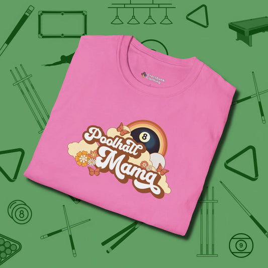 Poolhall Mama T-Shirt, folded view, in Azalea not your average 8-ball graphic tee
