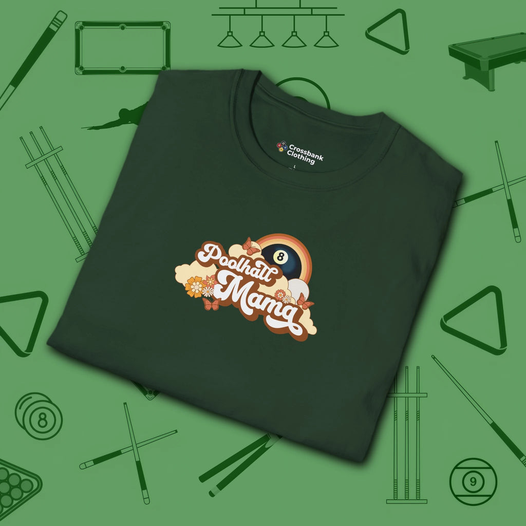 Poolhall Mama T-Shirt, in Forest Green color, billiards shirt, folded view