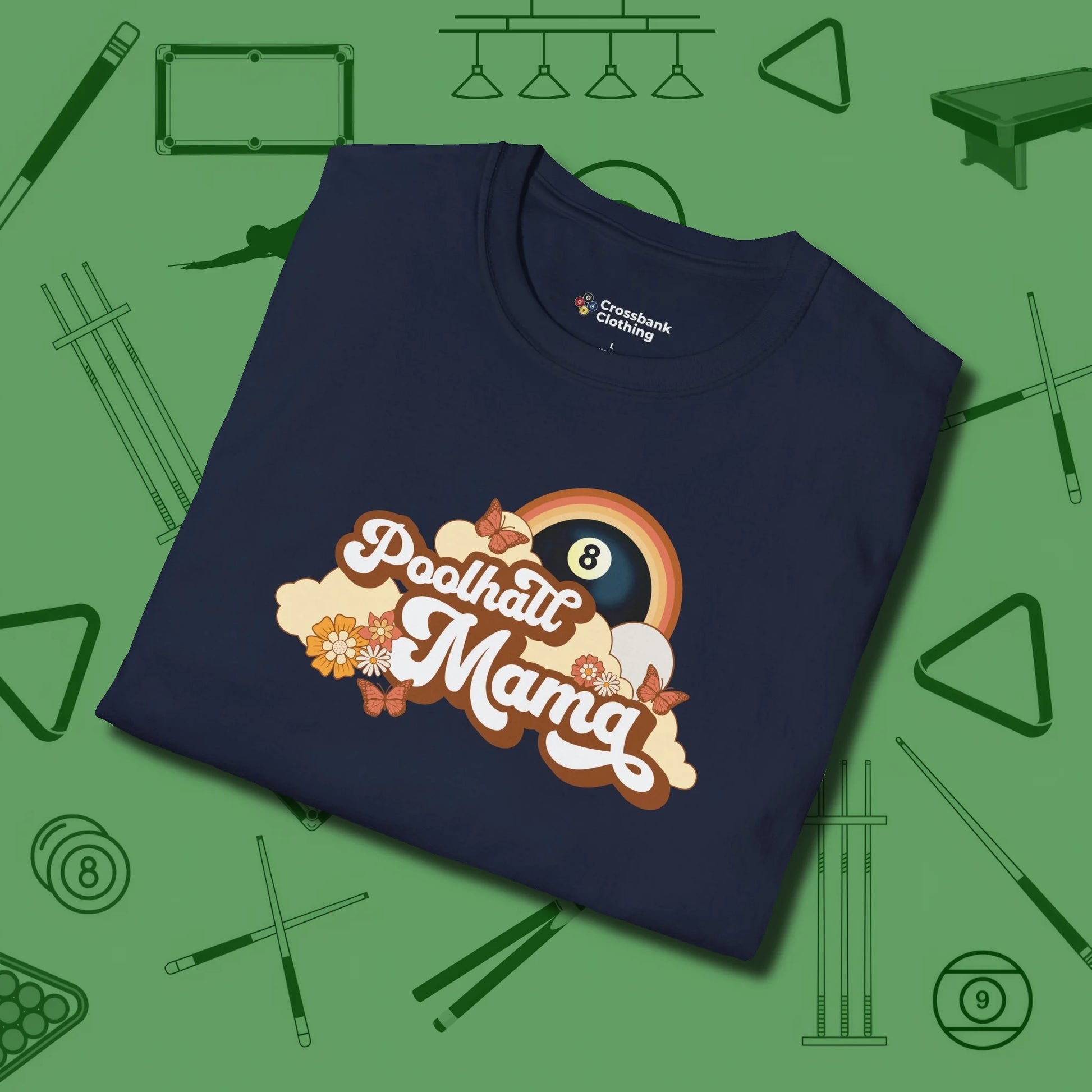 Poolhall Mama T-Shirt, folded view, in Navy not your average 8-ball graphic tee