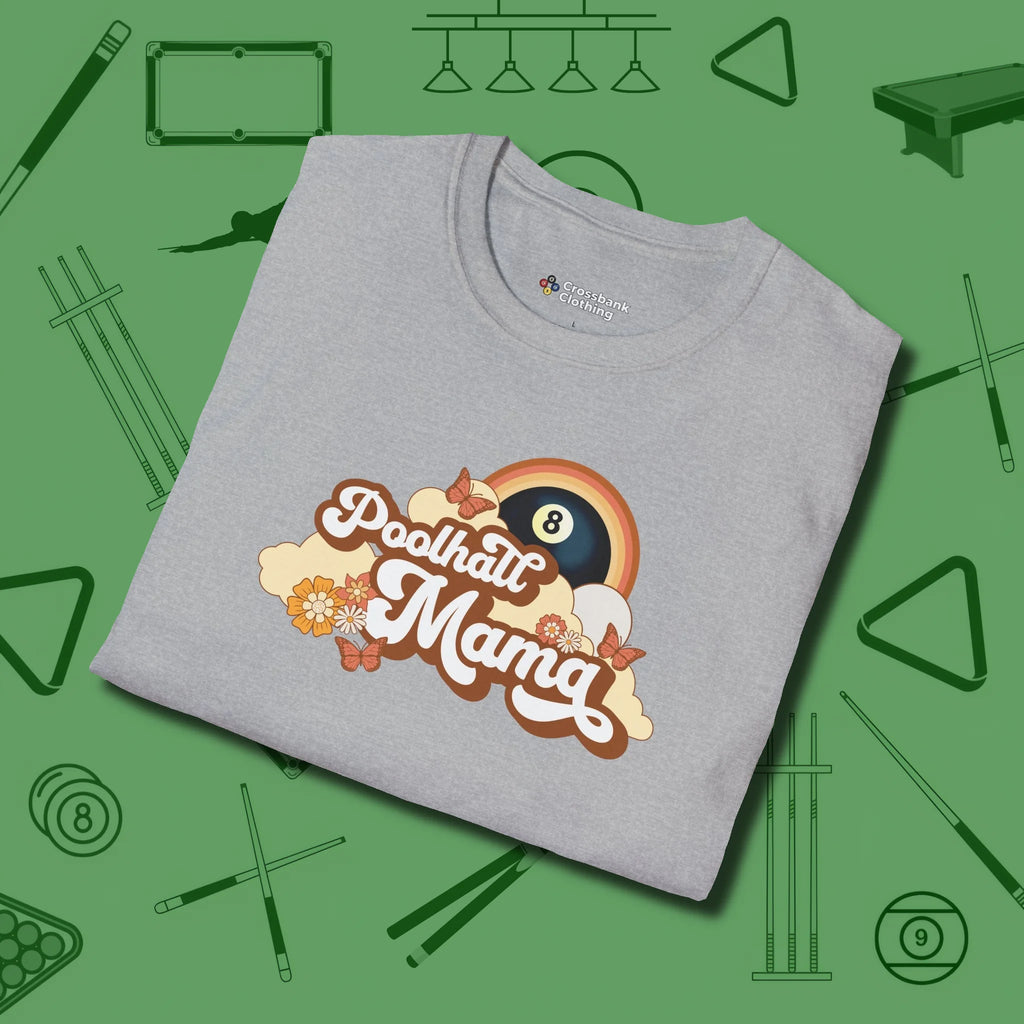 Poolhall Mama T-Shirt, folded view, in Sport Grey strike fear with swagger and precision