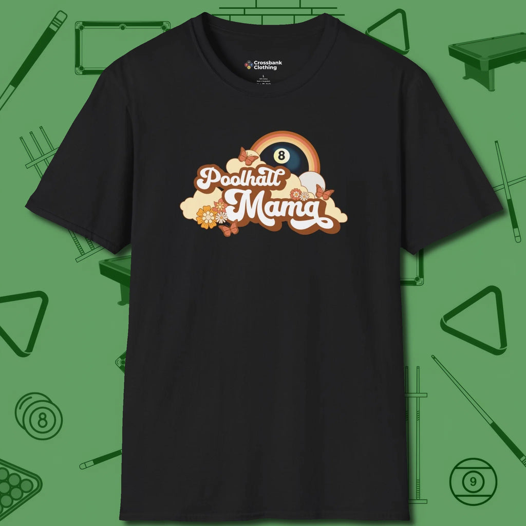 Poolhall Mama T-Shirt, front view, in Black smart apparel for strategic players