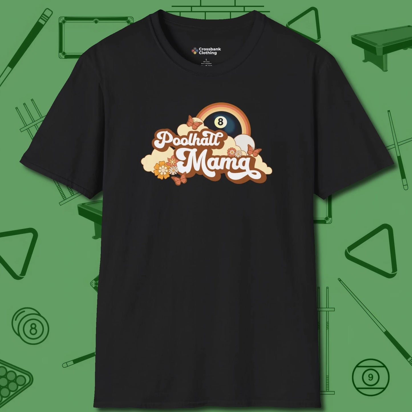 Poolhall Mama T-Shirt, front view, in Black smart apparel for strategic players