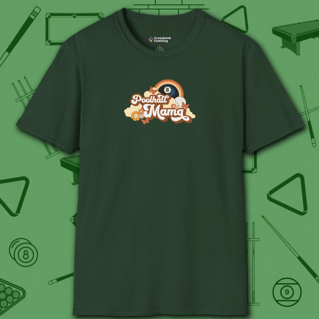Poolhall Mama T-Shirt, in Forest Green color, billiards shirt, front view
