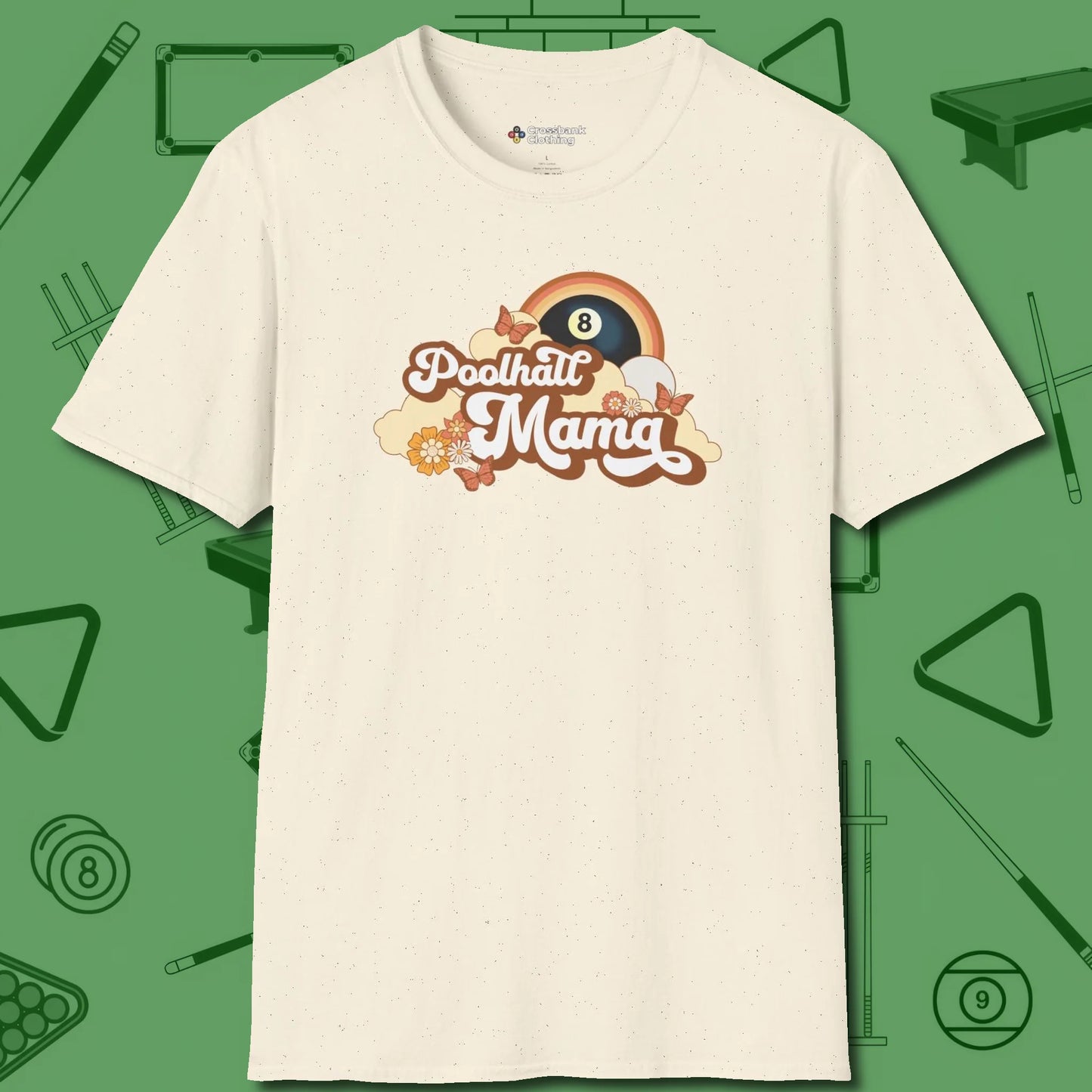 Poolhall Mama T-Shirt, front view, in Natural where cue control meets personal style
