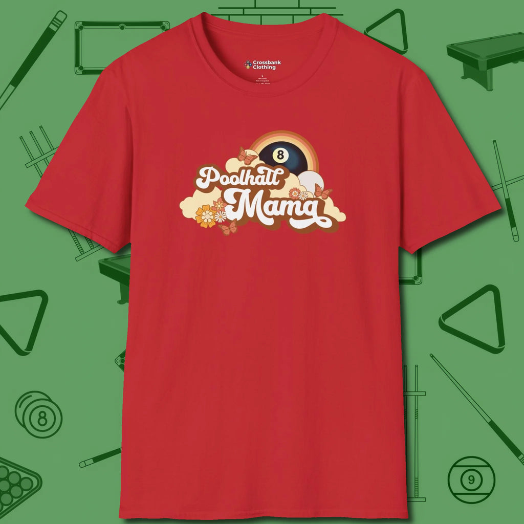 Poolhall Mama T-Shirt, front view, in Red strike fear with swagger and precision