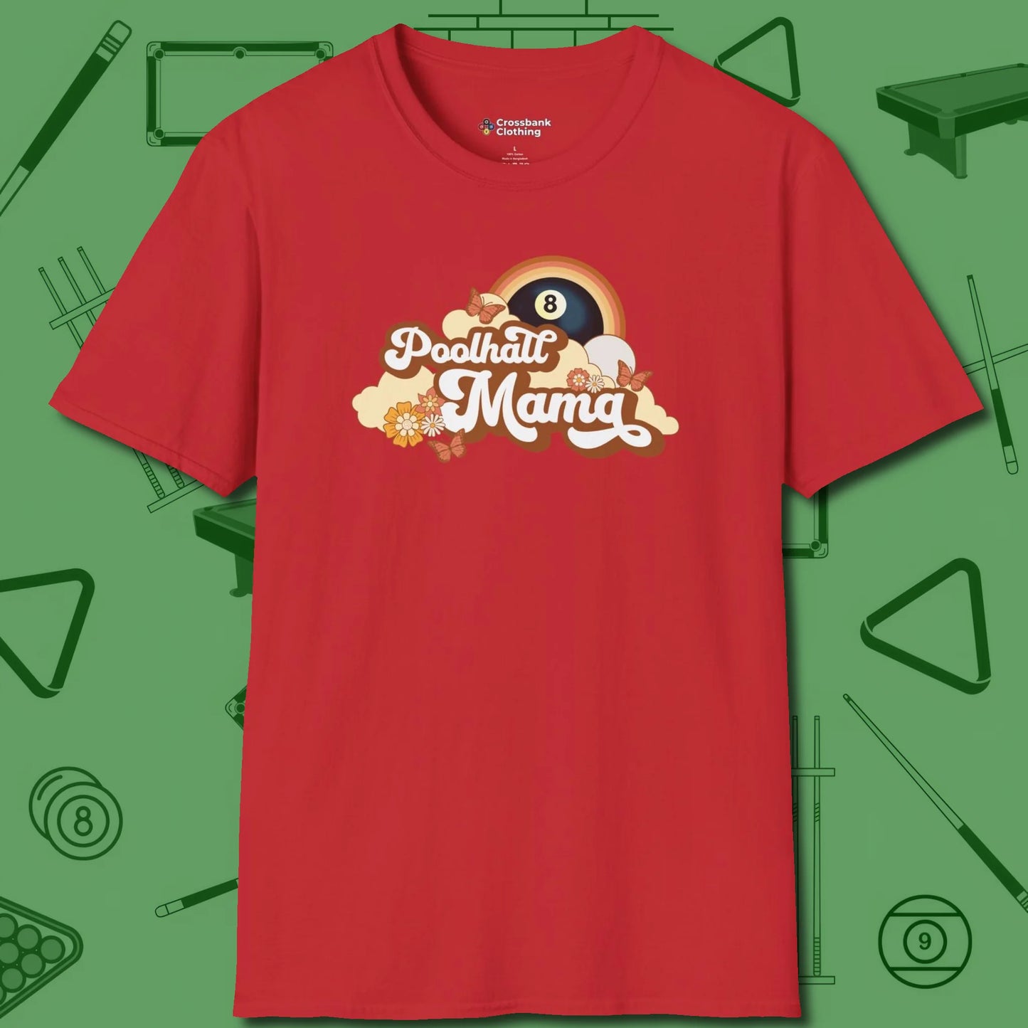 Poolhall Mama T-Shirt, front view, in Red strike fear with swagger and precision