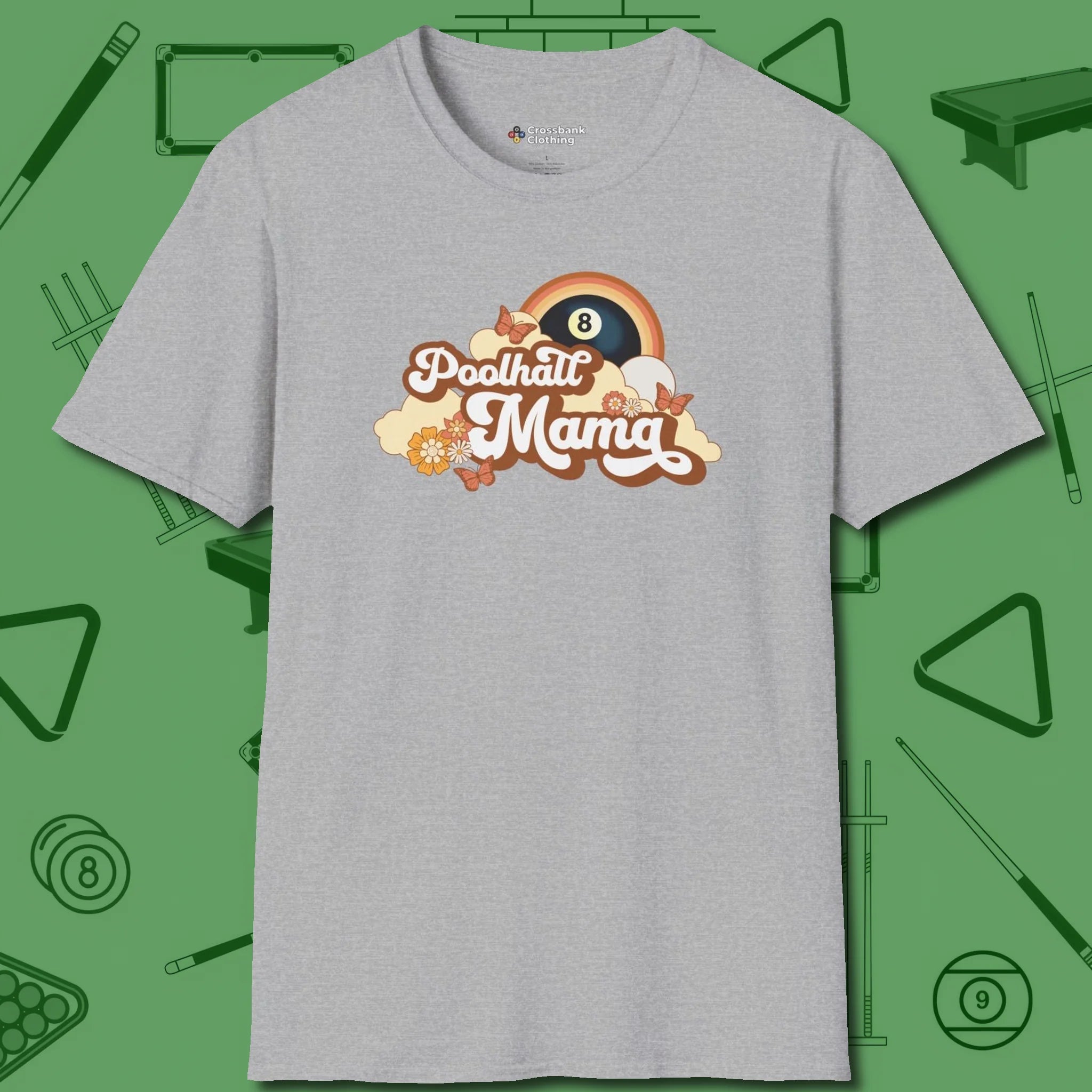 Poolhall Mama T-Shirt, front view, in Sport Grey perfect for players with quiet fire