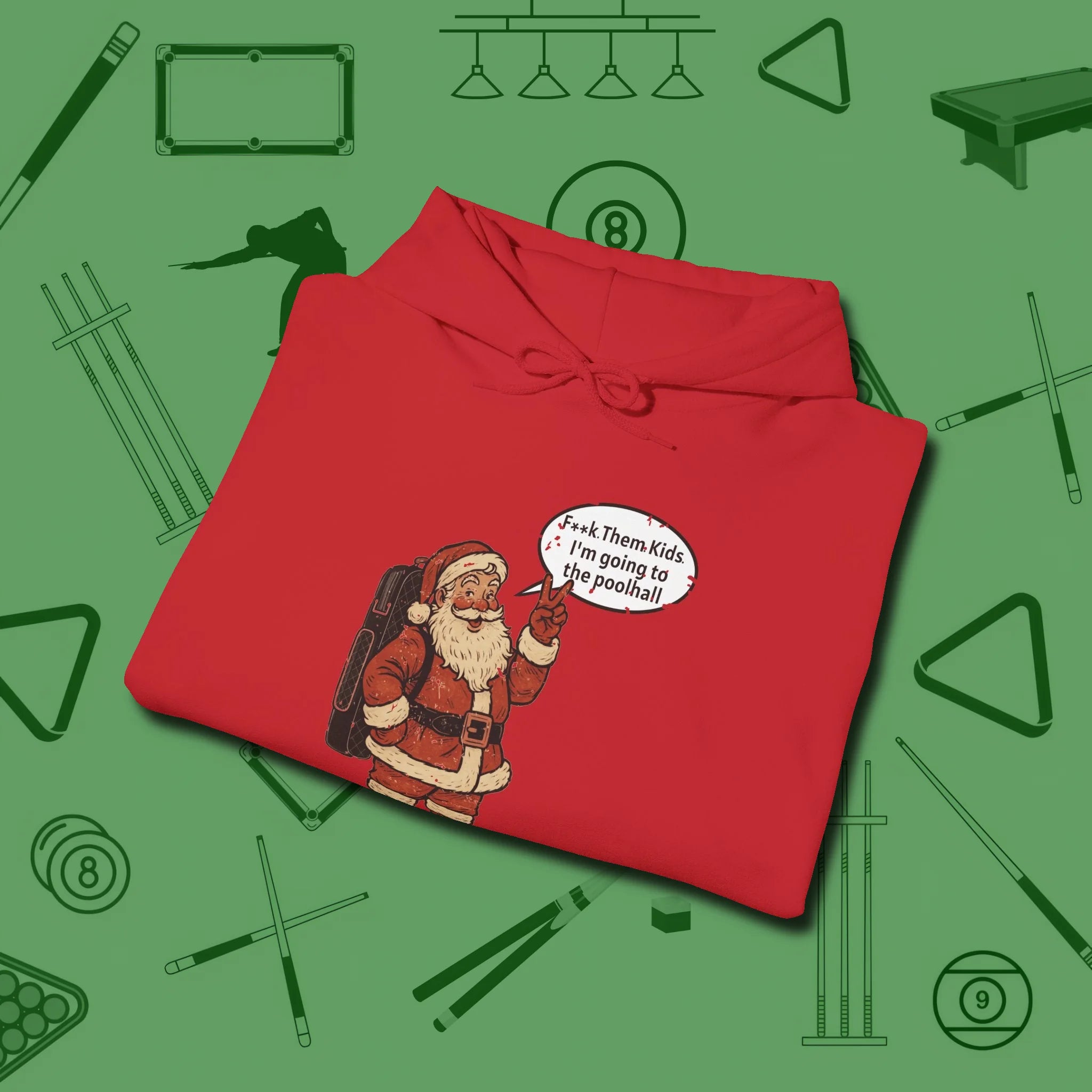 Poolhall Santa Hoodie, folded view, in Red a clean fit for the dirtiest safeties