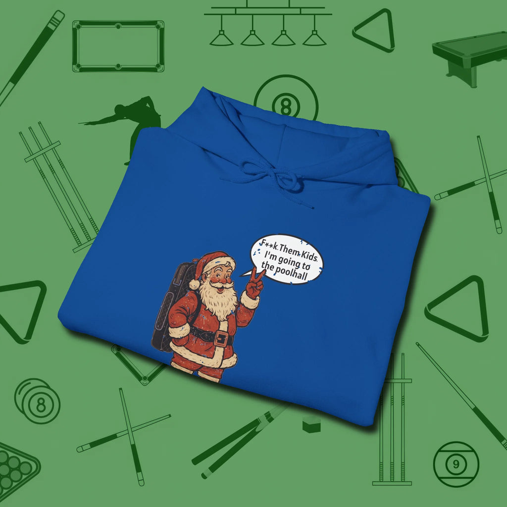 Poolhall Santa Hoodie, folded view, in Royal tough like your favorite break cue