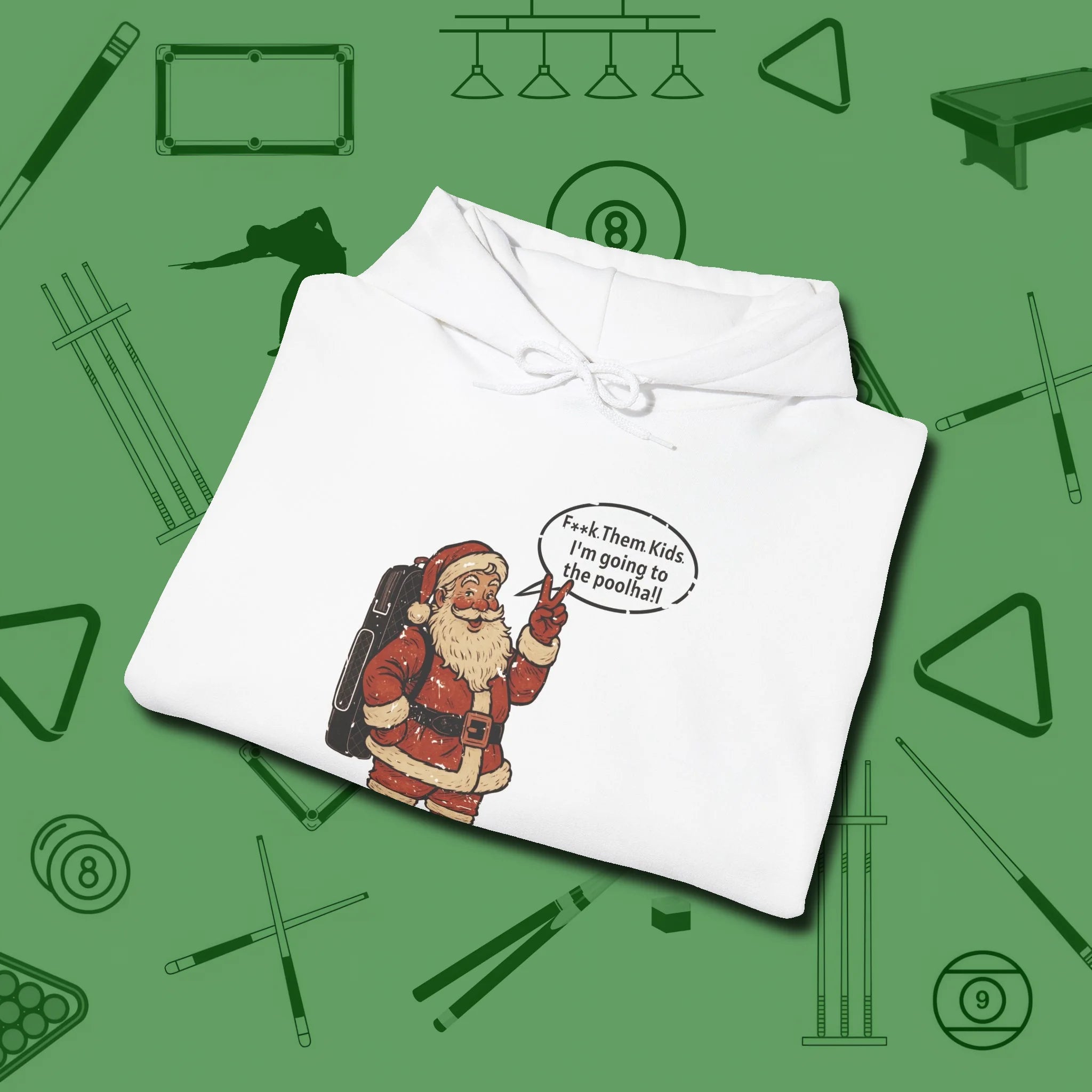 Poolhall Santa Hoodie, folded view, in White perfect for players with quiet fire