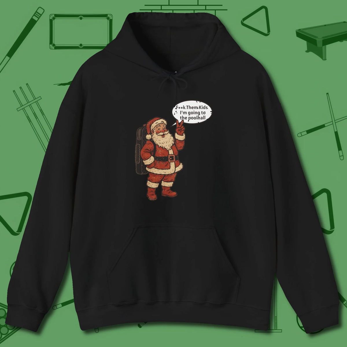 Poolhall Santa Hoodie, front view, in Black poolroom style with tournament attitude