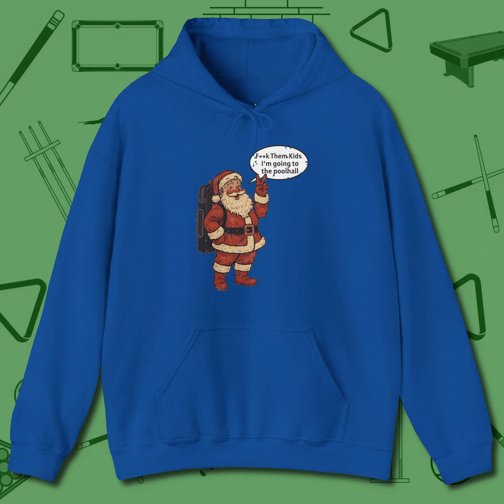 Poolhall Santa Hoodie, front view, in Royal confidence stitched in every seam
