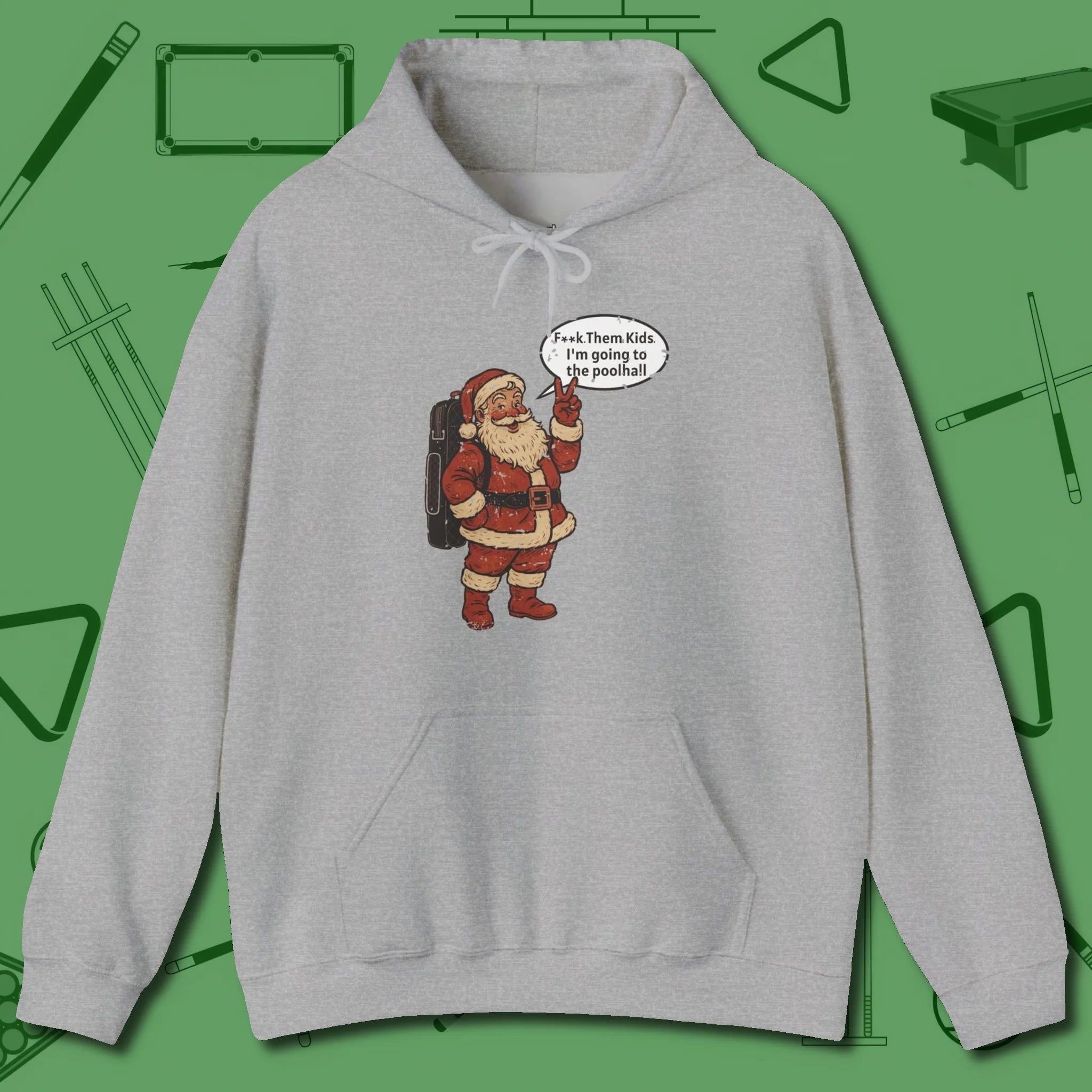Poolhall Santa Hoodie, front view, in Sport Grey where cue control meets personal style