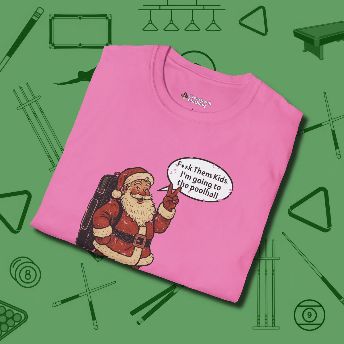 Poolhall Santa T-Shirt, folded view, in Azalea cue sports swagger done right