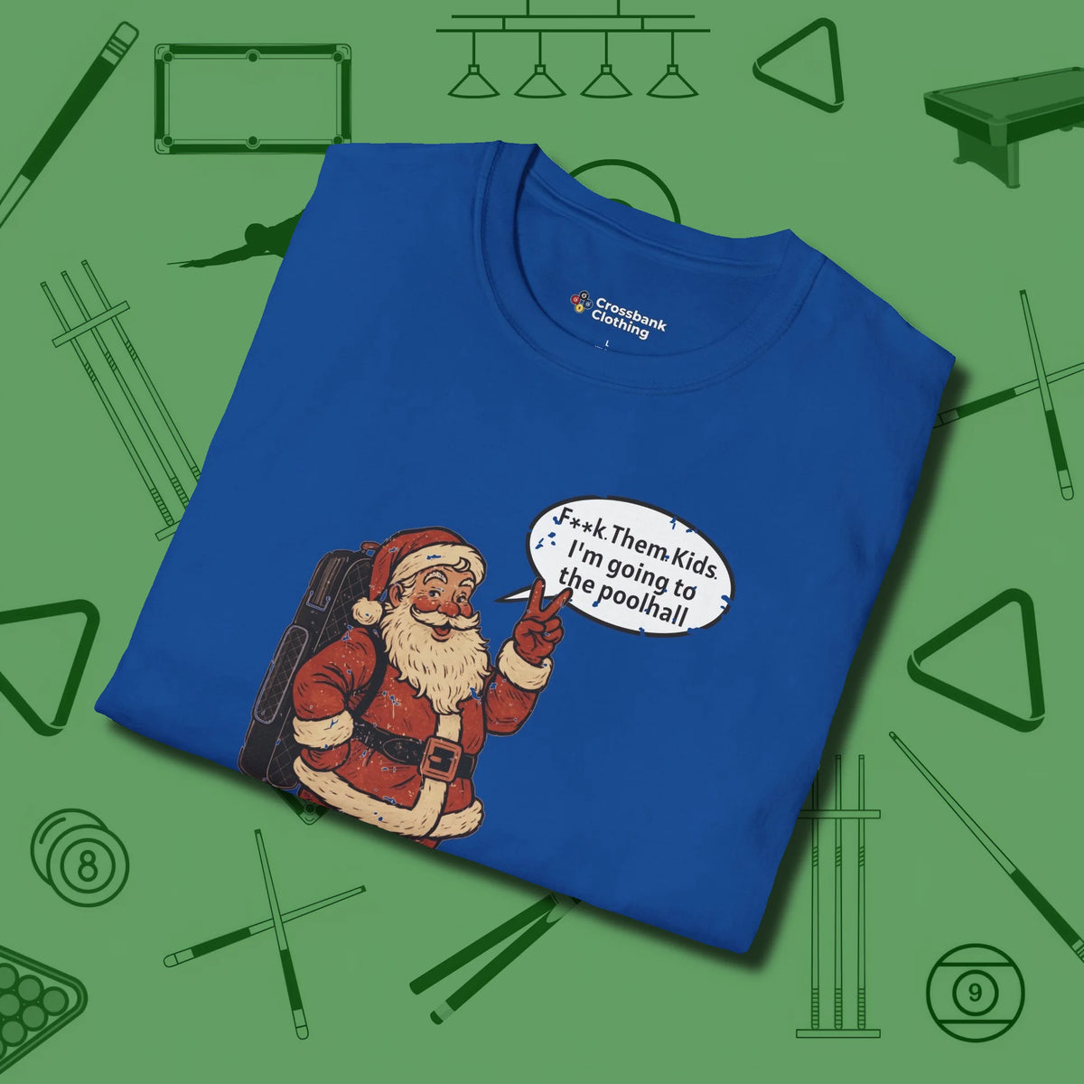 Poolhall Santa T-Shirt, folded view, in Royal where style and cue discipline collide