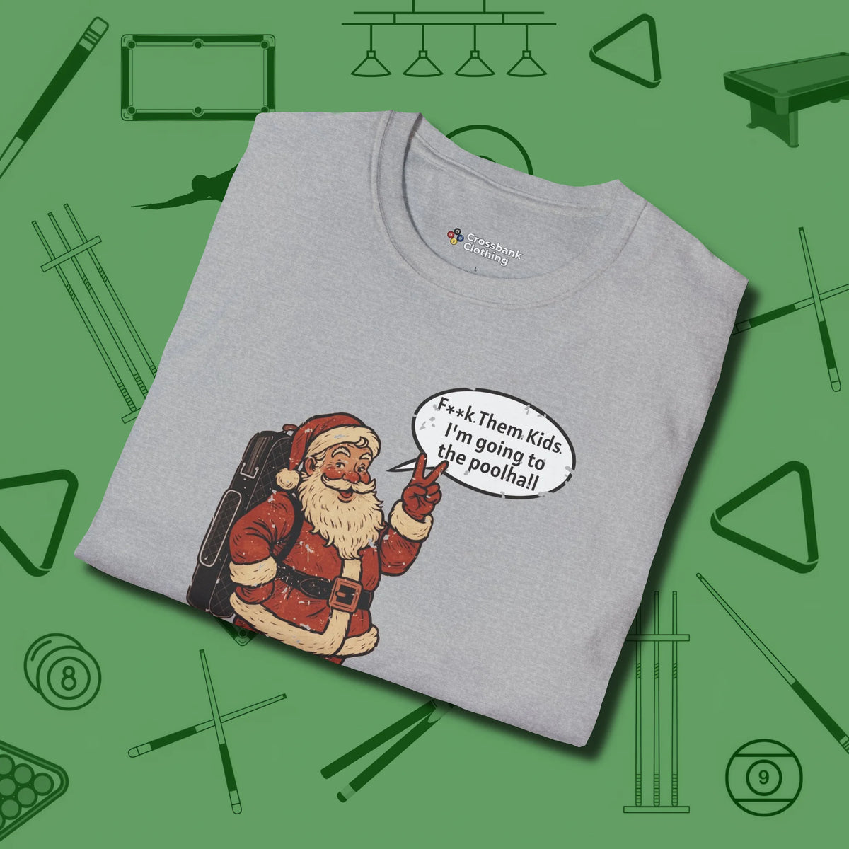 Poolhall Santa T-Shirt, folded view, in Sport Grey fashion with break-and-run energy