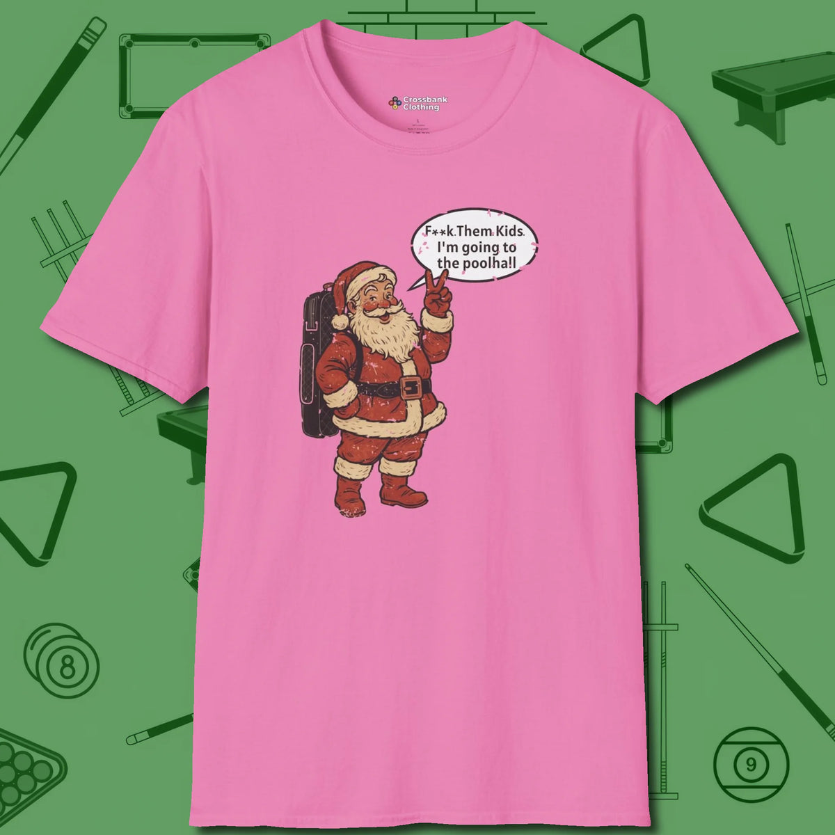 Poolhall Santa T-Shirt, front view, in Azalea styled to dominate from rack to run-out