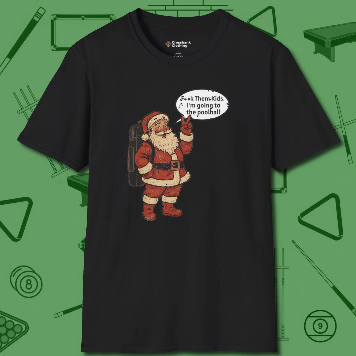 Poolhall Santa T-Shirt, front view, in Black where style and cue discipline collide