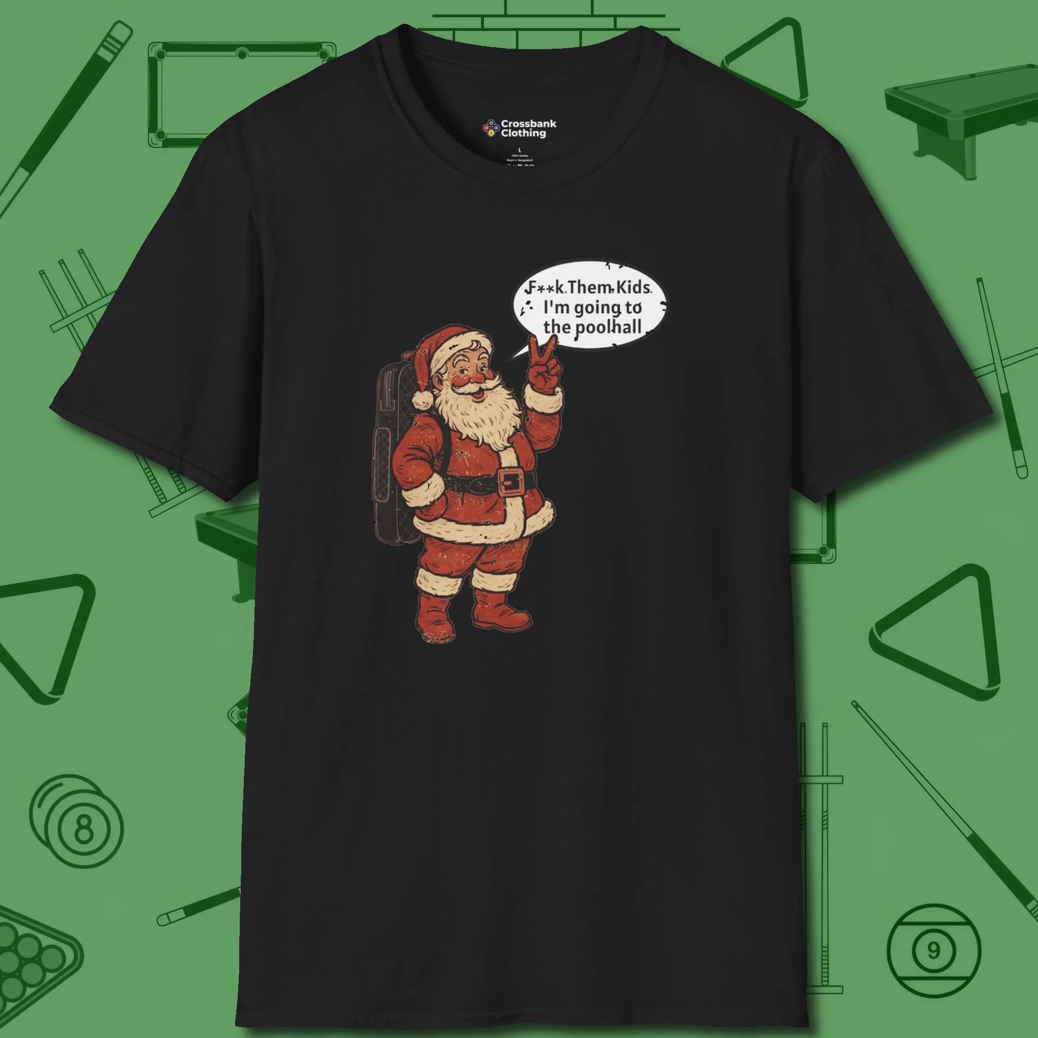 Poolhall Santa T-Shirt, front view, in Black where style and cue discipline collide