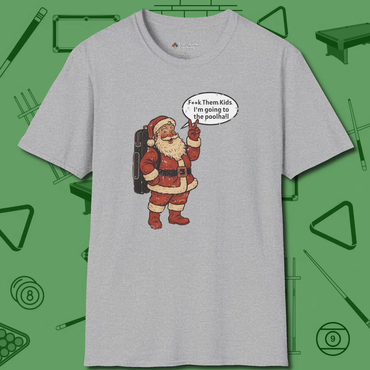 Poolhall Santa T-Shirt, front view, in Sport Grey precise, confident, always in control