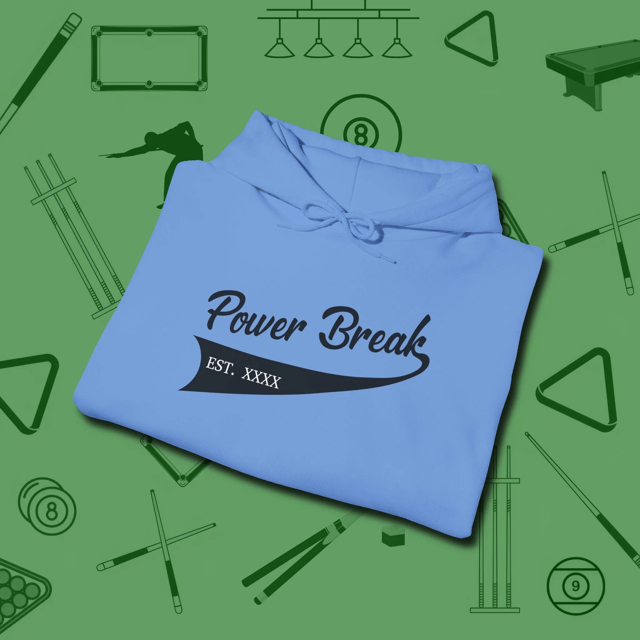 Power Break Customizable Year Hoodie, folded view, in Carolina Blue like your stroke — smooth and deliberate