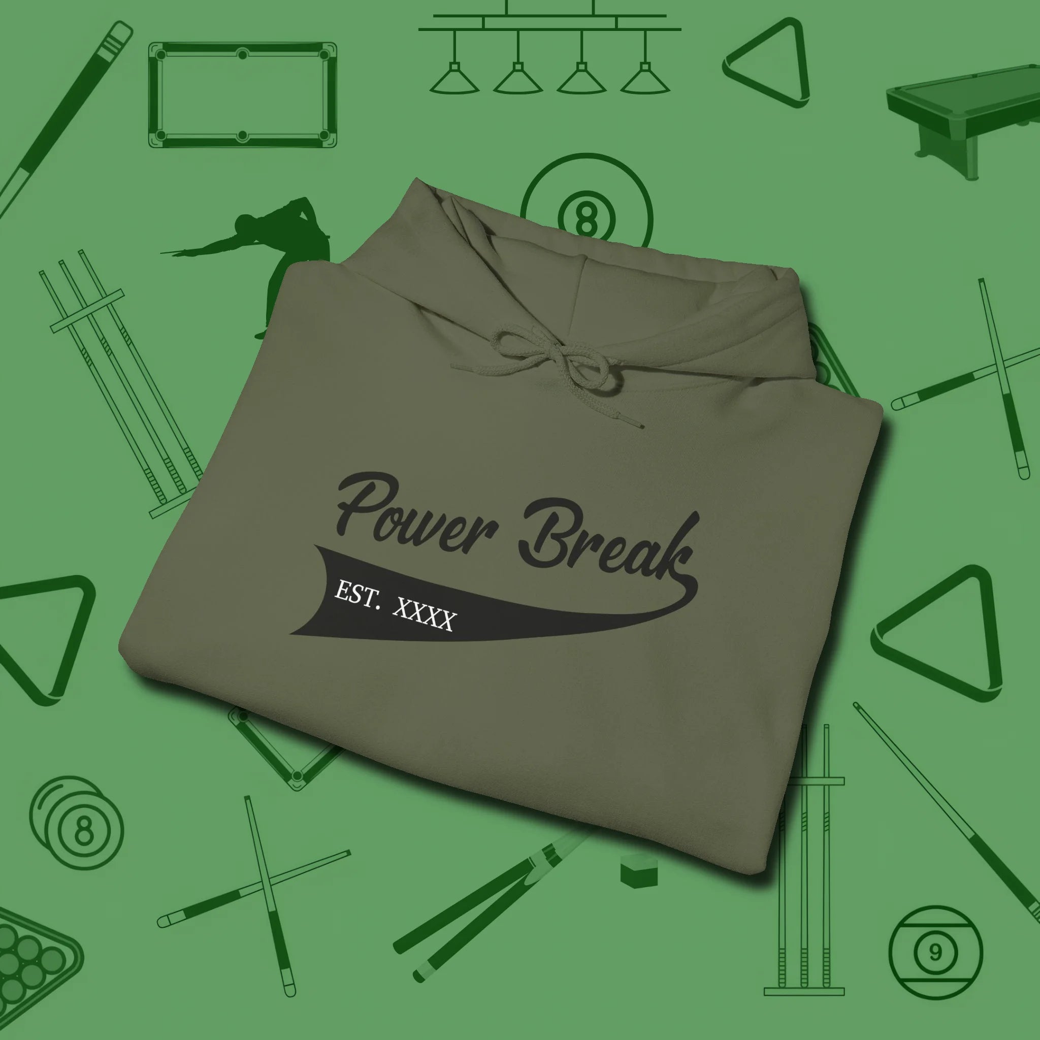 Power Break Customizable Year Hoodie, folded view, in Military Green smart apparel for strategic players