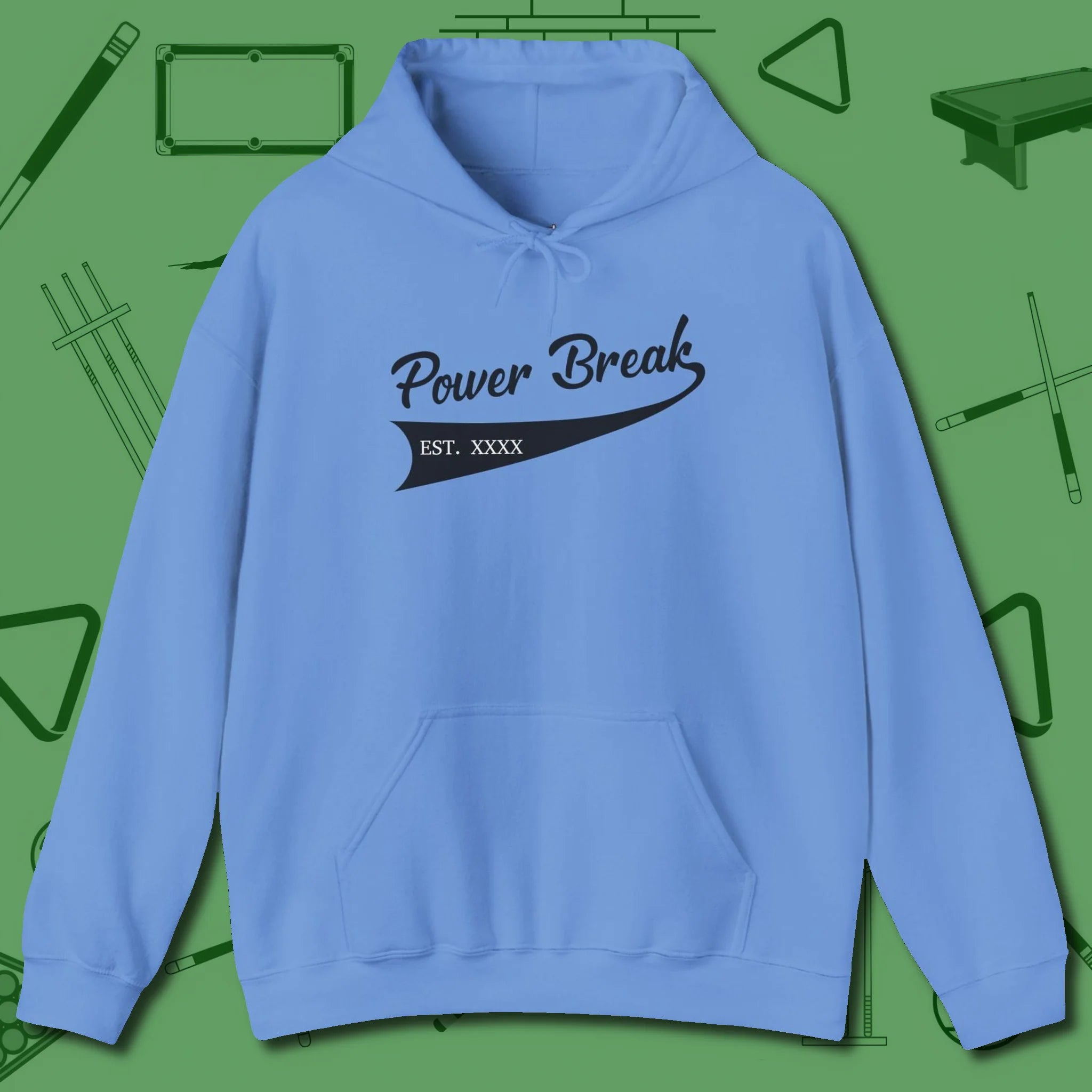 Power Break Customizable Year Hoodie, front view, in Carolina Blue clean lines for dirty minds