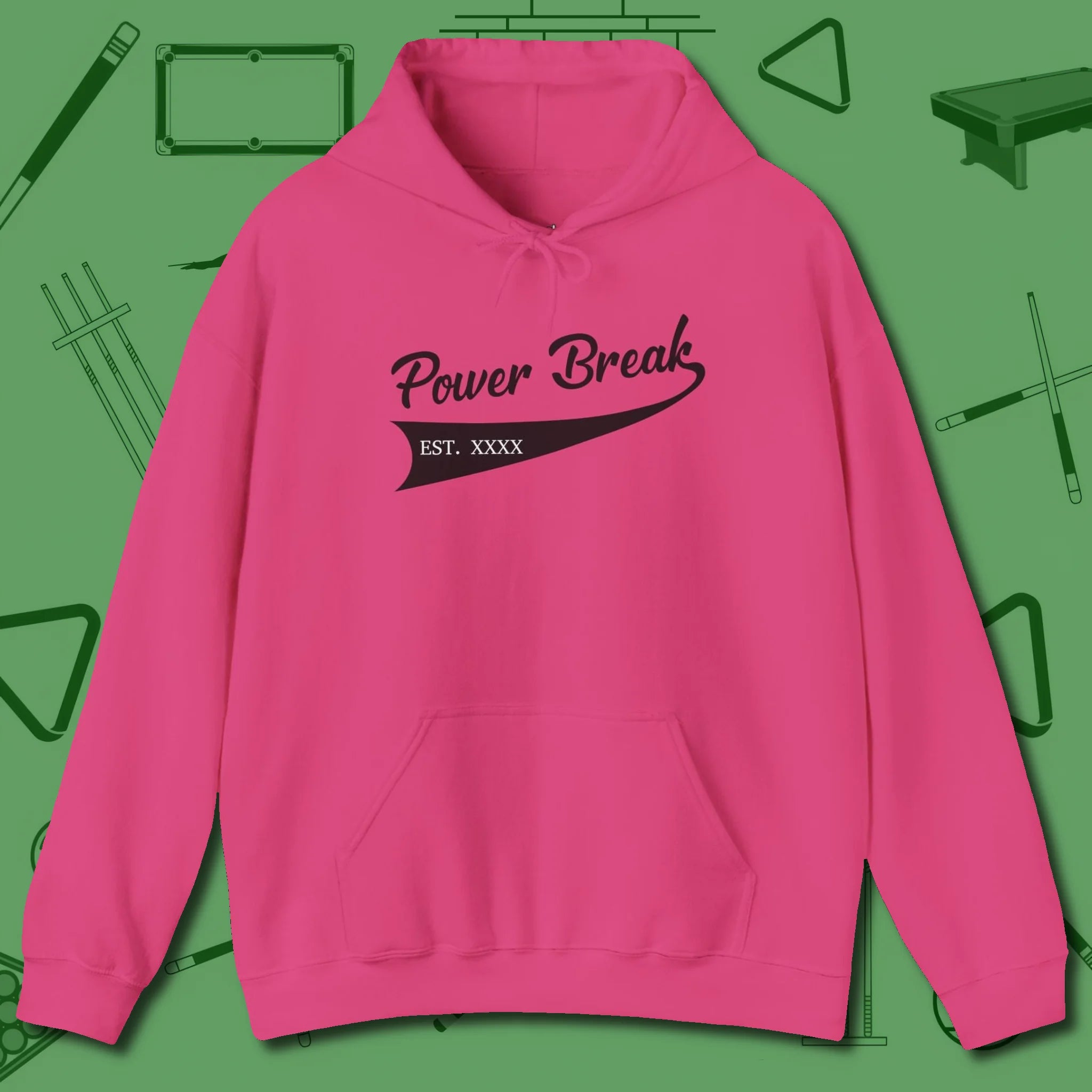 Power Break Customizable Year Hoodie, front view, in Heliconia for hustlers who keep it honest