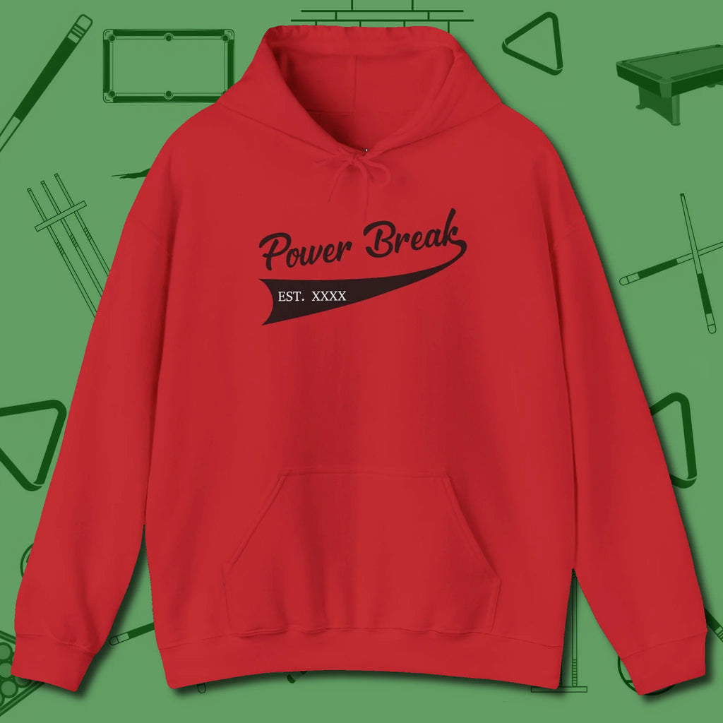 Power Break Customizable Year Hoodie, front view, in Red cue up respect every time you wear it