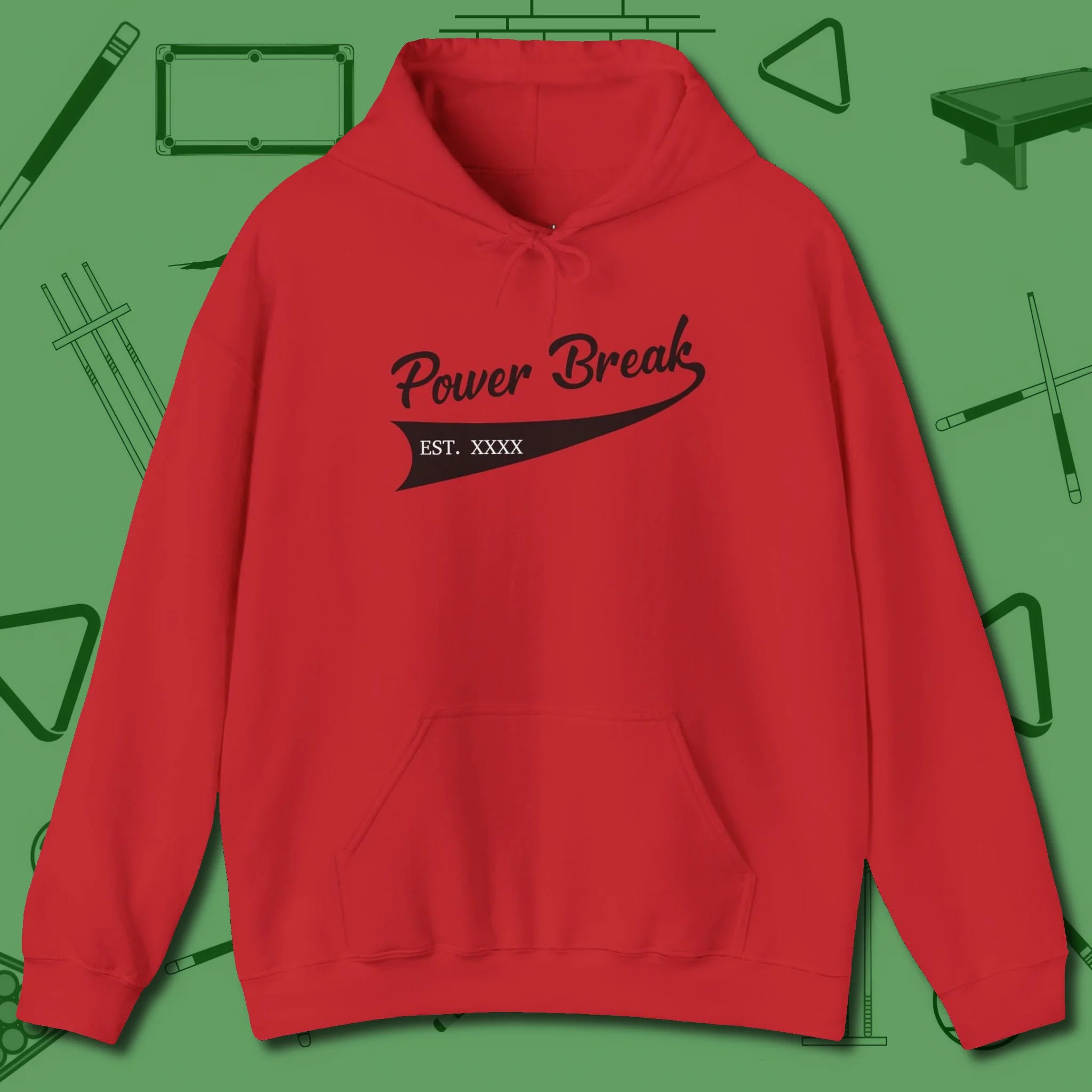 Power Break Customizable Year Hoodie, front view, in Red cue up respect every time you wear it