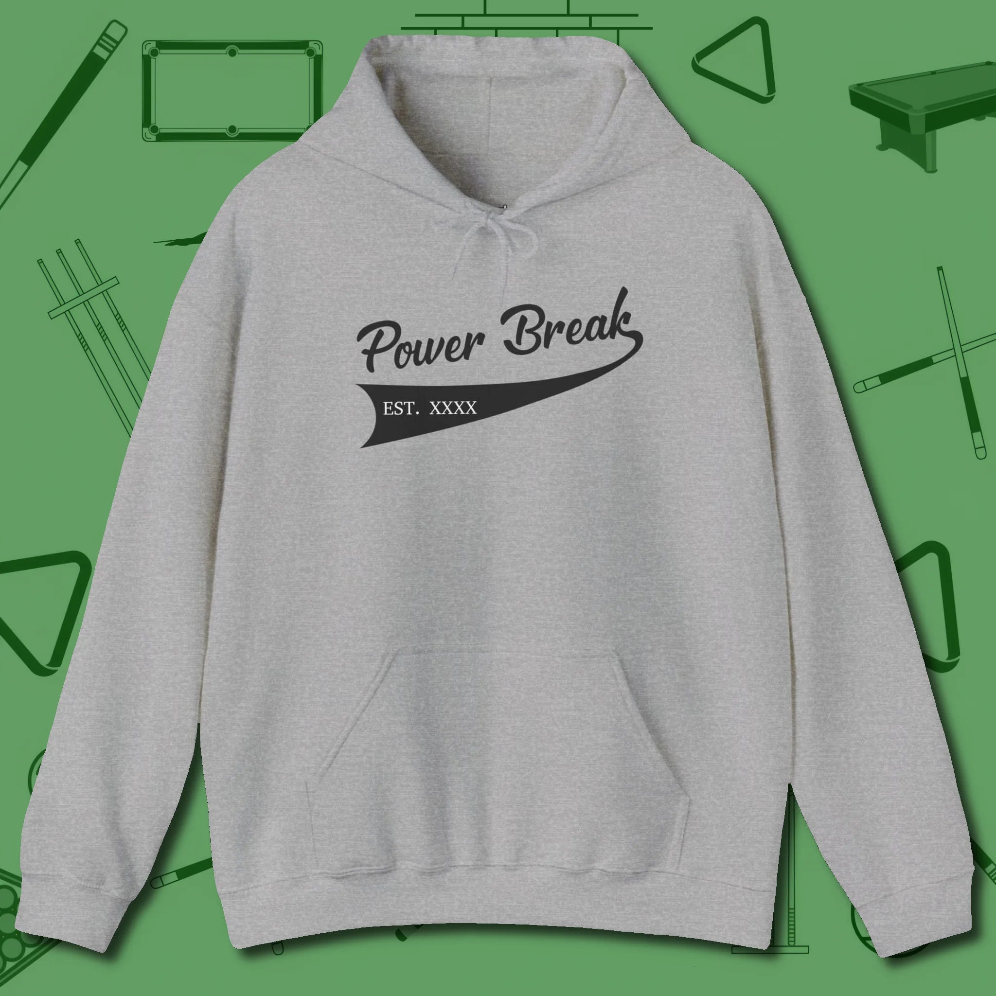 Power Break Customizable Year Hoodie, front view, in Sport Grey confidence stitched in every seam
