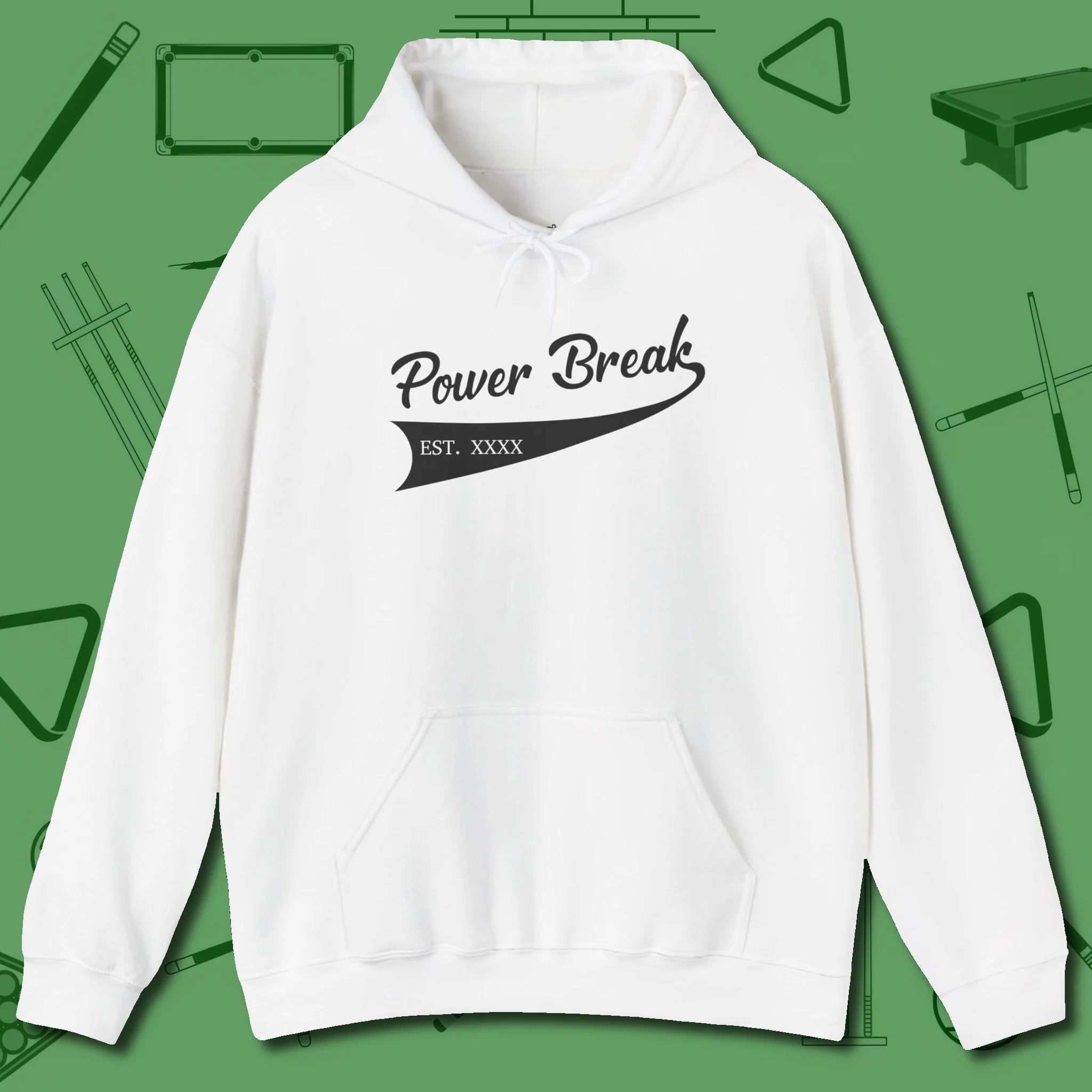Power Break Customizable Year Hoodie, front view, in White not your average 8-ball graphic tee