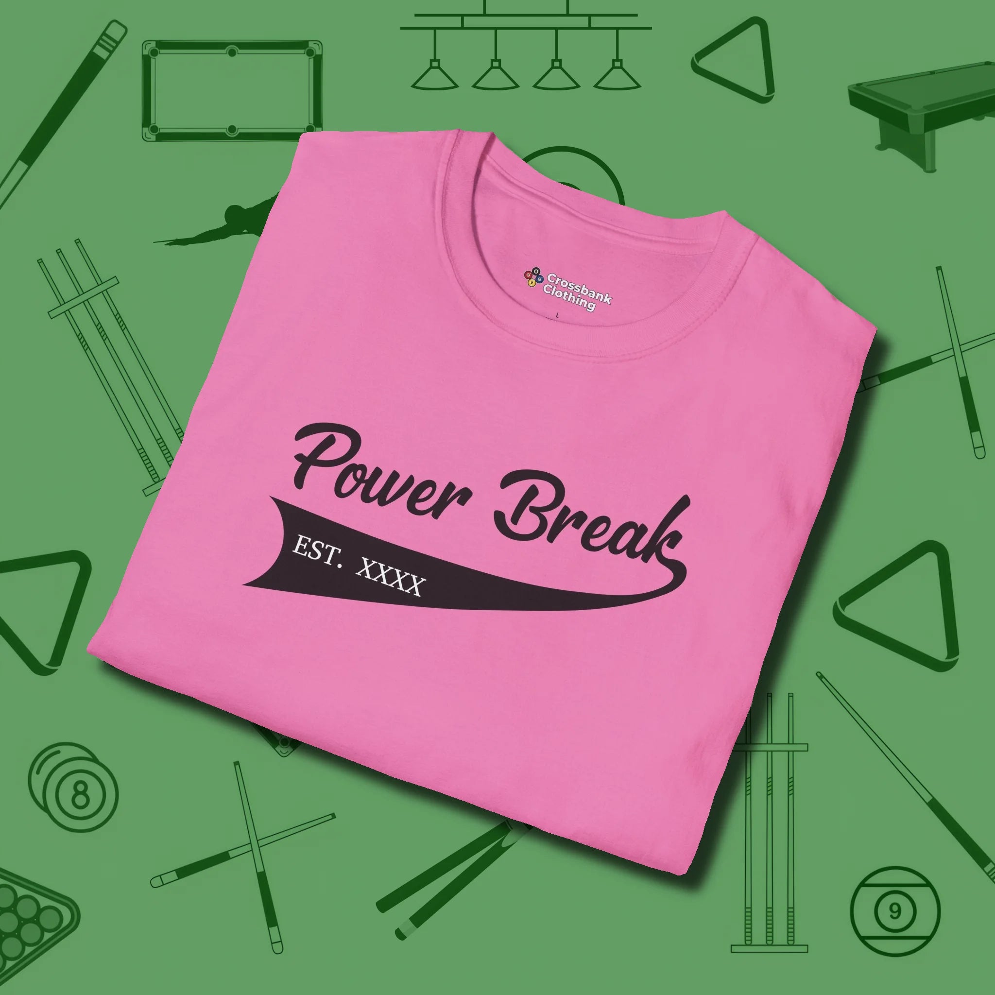 Power Break Customizable Year T-Shirt, folded view, in Azalea stitched for cue discipline and cool confidence