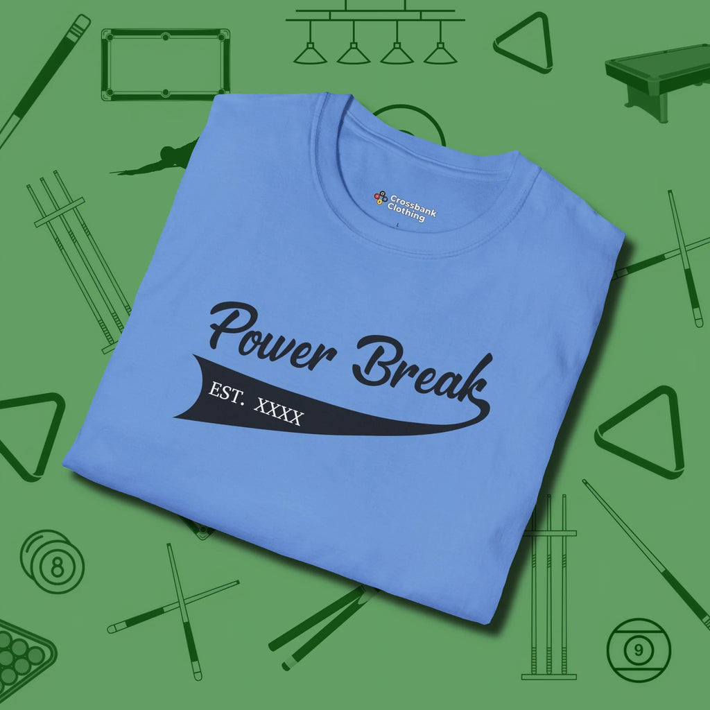 Power Break Customizable Year T-Shirt, folded view, in Carolina Blue cue sports swagger done right