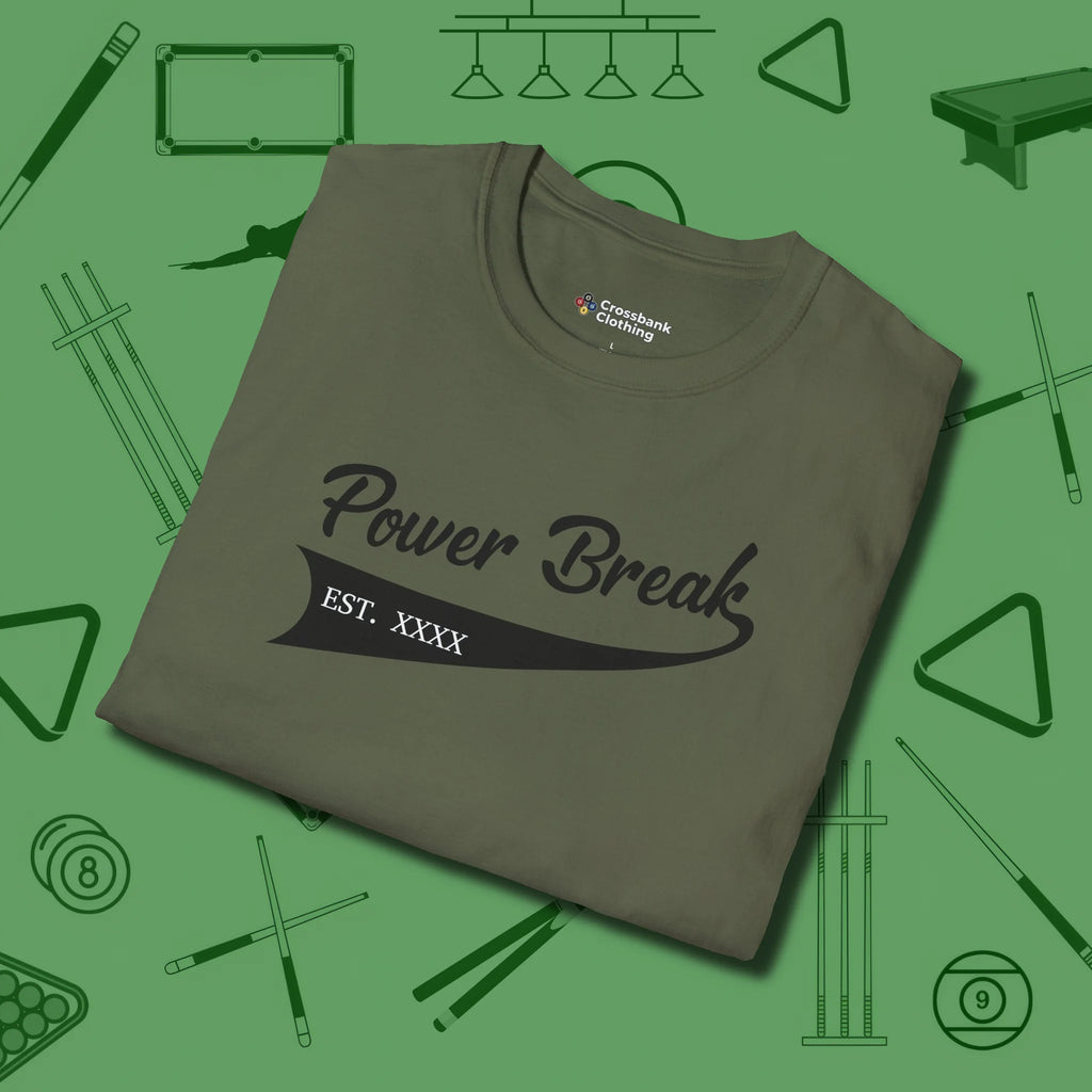 Power Break Customizable Year T-Shirt, folded view, in Military Green designed for dead stroke and deadpan looks