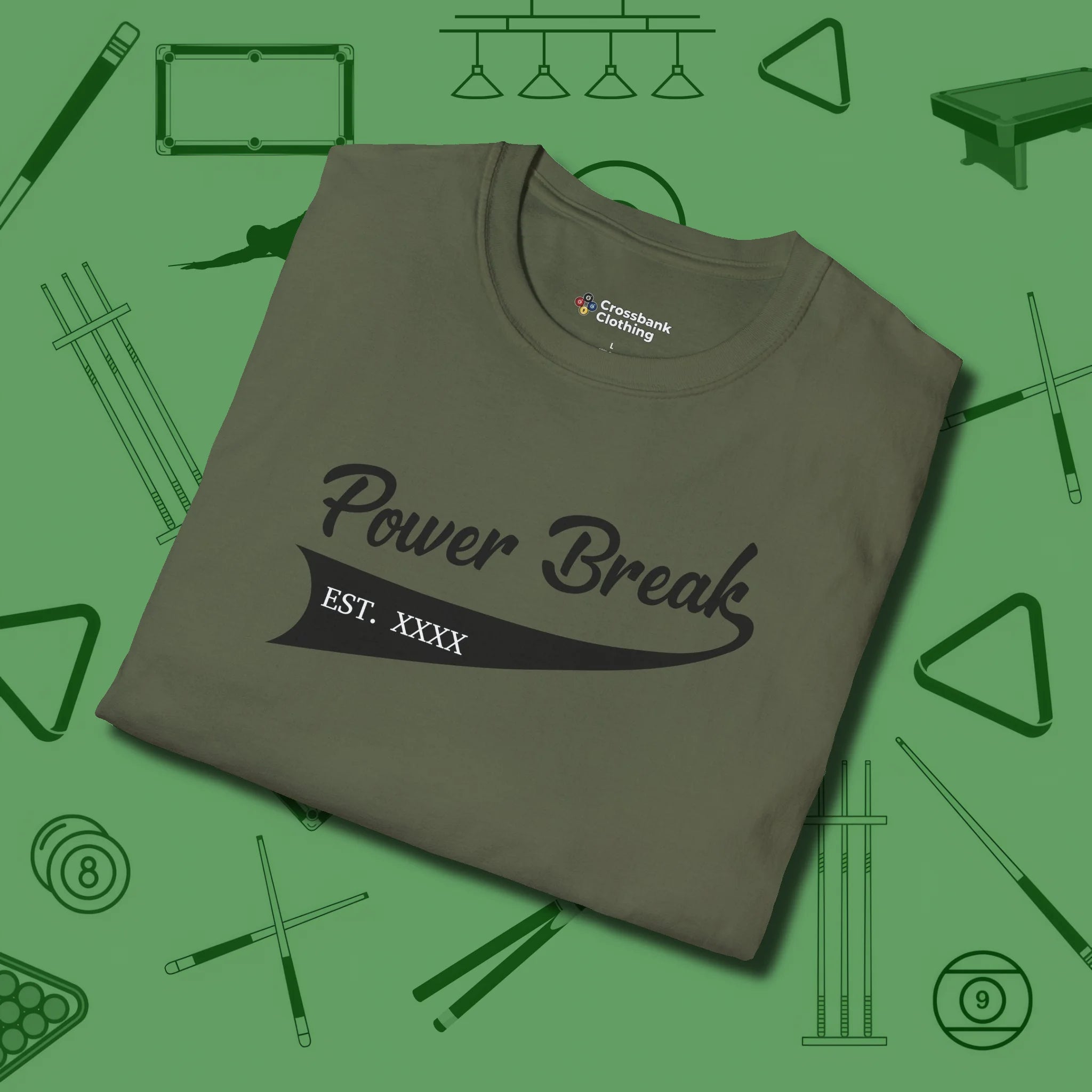 Power Break Customizable Year T-Shirt, folded view, in Military Green designed for dead stroke and deadpan looks