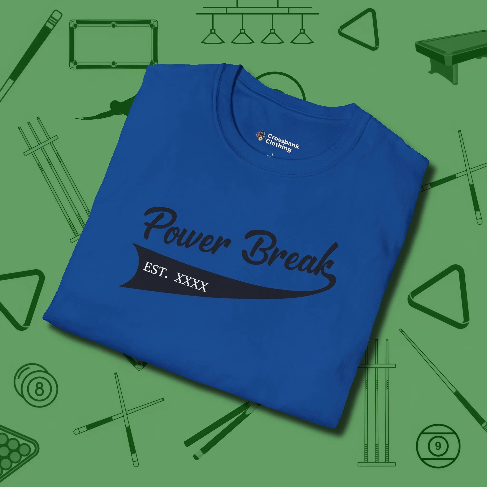 Power Break Customizable Year T-Shirt, folded view, in Royal made for pool sharks, not posers