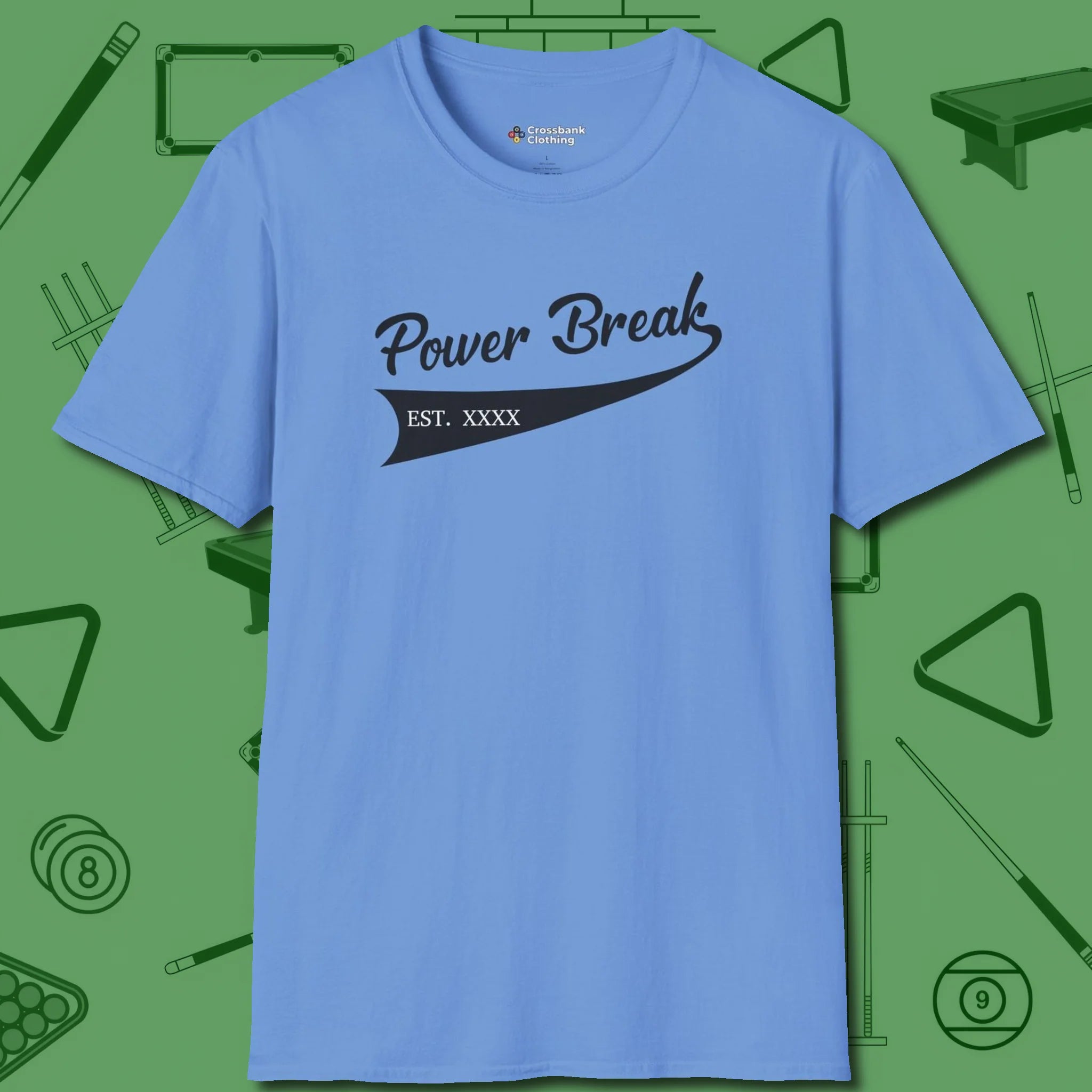 Power Break Customizable Year T-Shirt, front view, in Carolina Blue not your average 8-ball graphic tee