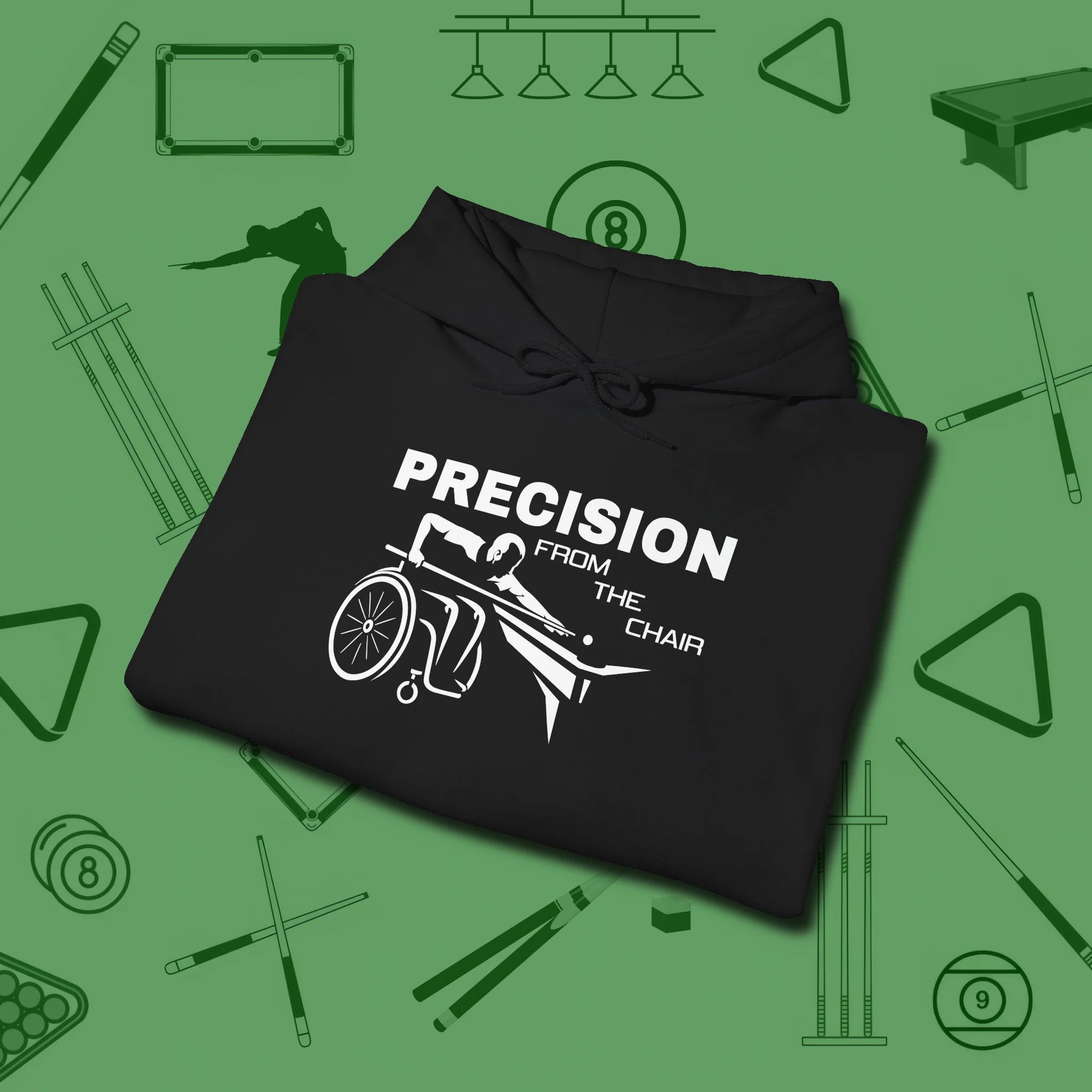 Precision from the Chair Wheelchair Hoodie, folded view, in Black classic cue style, no gimmicks