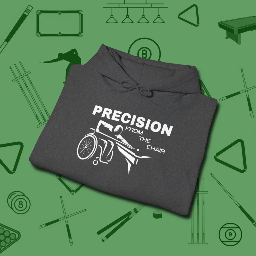 Precision from the Chair Wheelchair Hoodie, folded view, in Dark Heather subtle drip for serious shooters