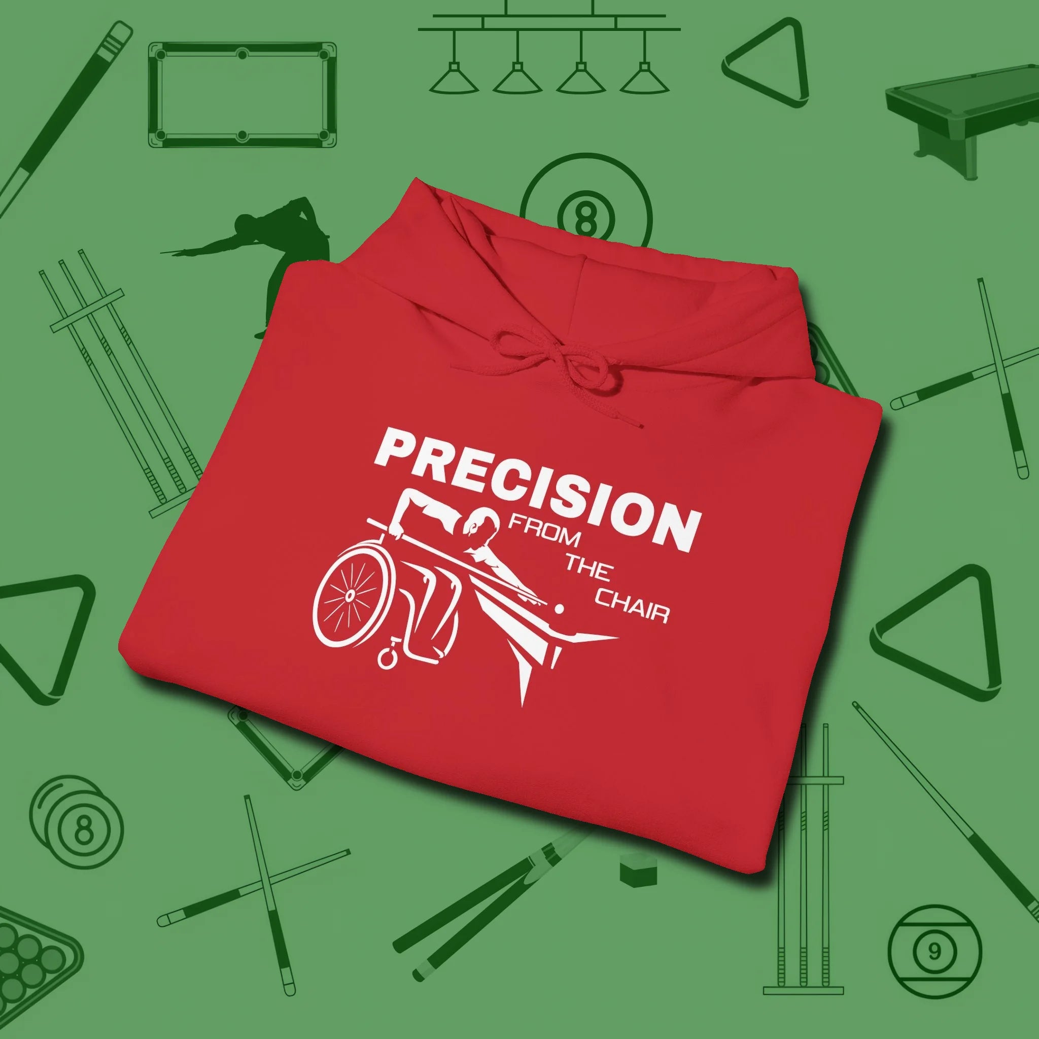 Precision from the Chair Wheelchair Hoodie, folded view, in Red classic cue style, no gimmicks