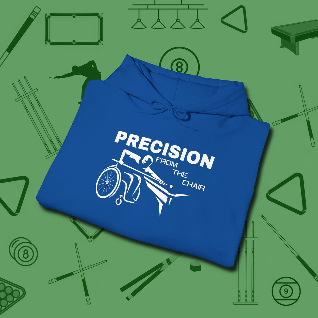 Precision from the Chair Wheelchair Hoodie, folded view, in Royal strike fear with swagger and precision