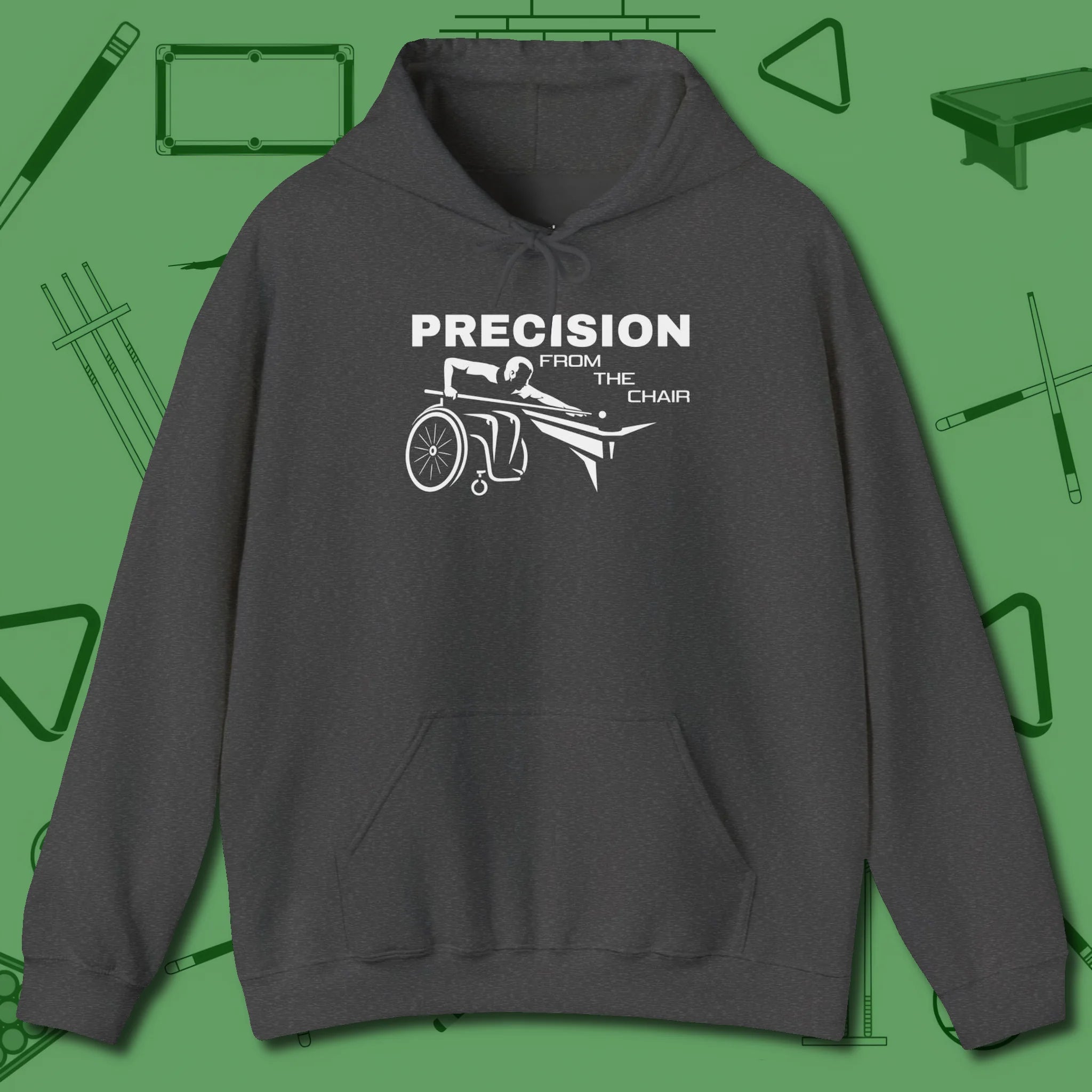 Precision from the Chair Wheelchair Hoodie, front view, in Black dress for the shot you want to take