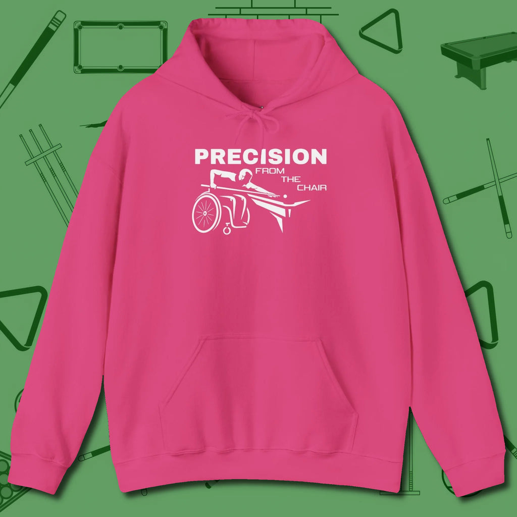 Precision from the Chair Wheelchair Hoodie, front view, in Heliconia made for pool sharks, not posers