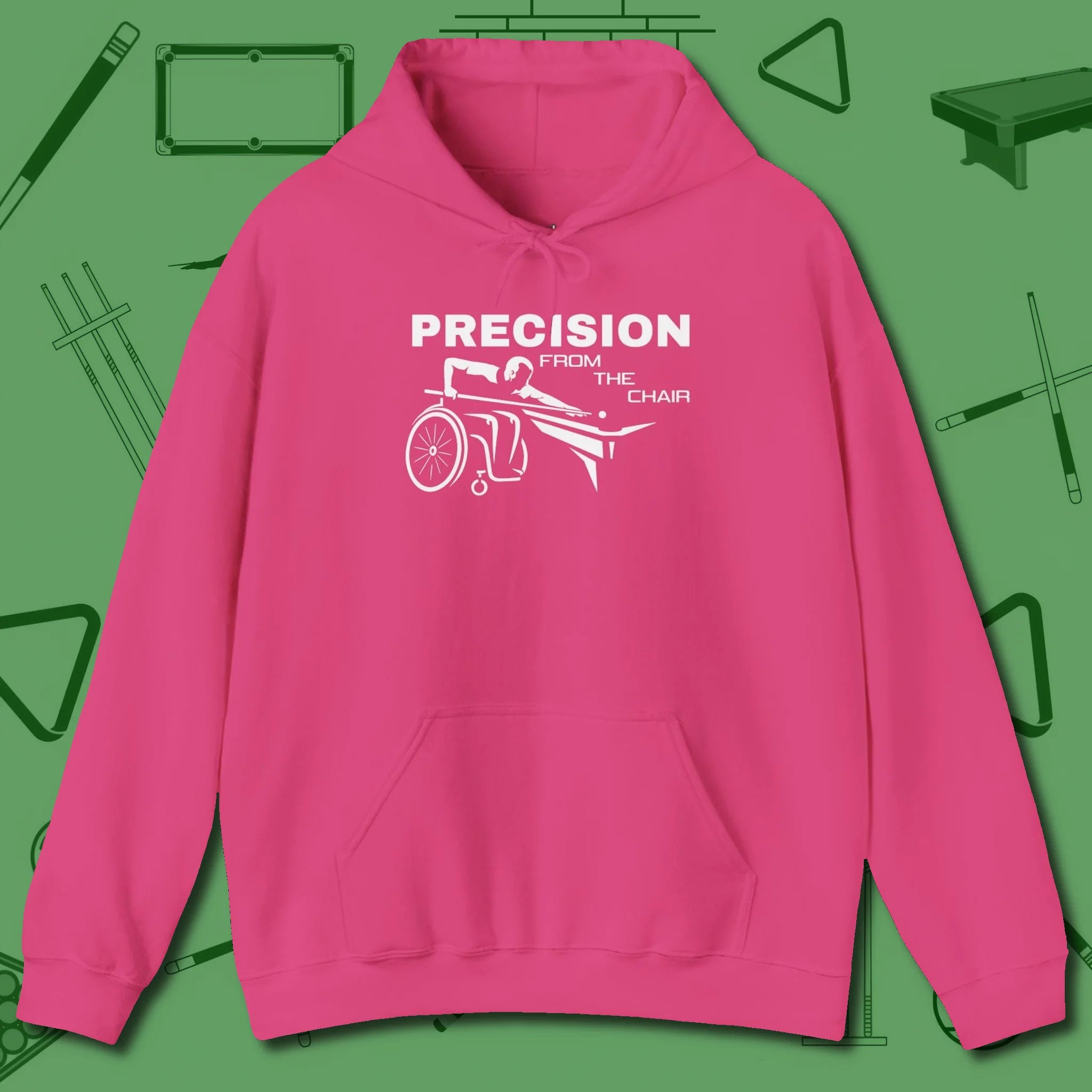 Precision from the Chair Wheelchair Hoodie, front view, in Heliconia made for pool sharks, not posers