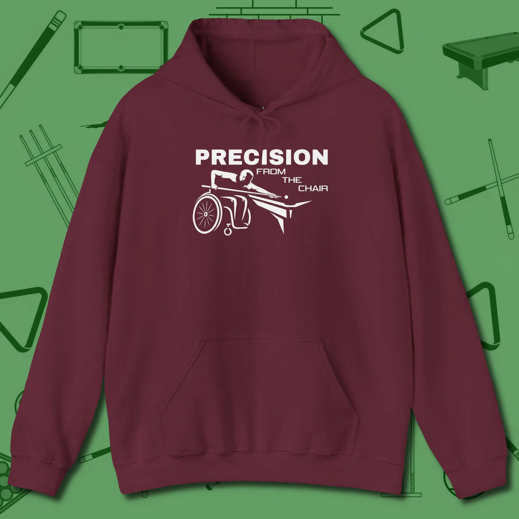 Precision from the Chair Wheelchair Hoodie, front view, in Maroon your go-to shirt for league night victories
